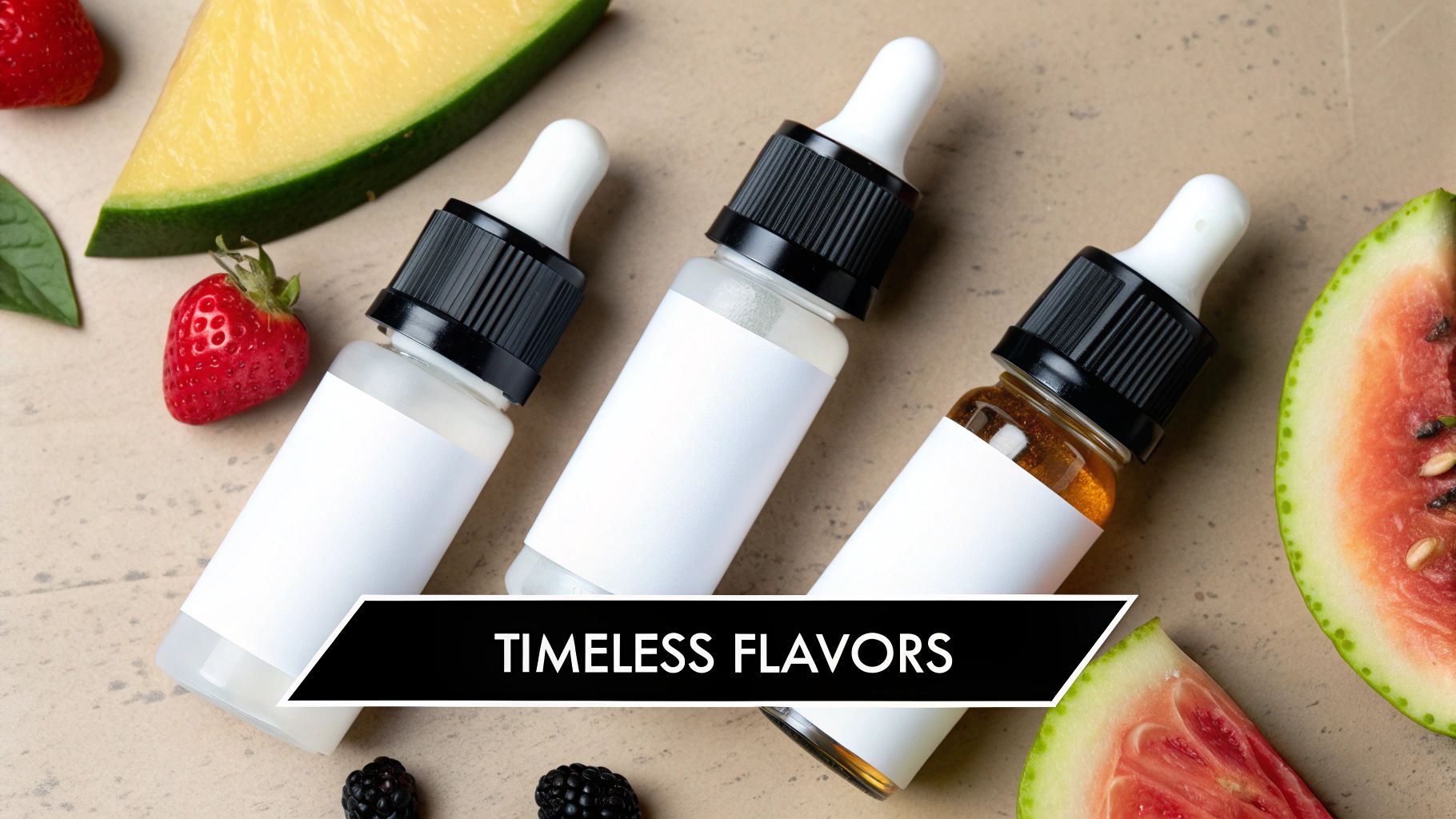 Three blank dropper bottles surrounded by fresh fruits like strawberries, watermelon, mango, and blackberries, promoting 'Timeless Flavors'.