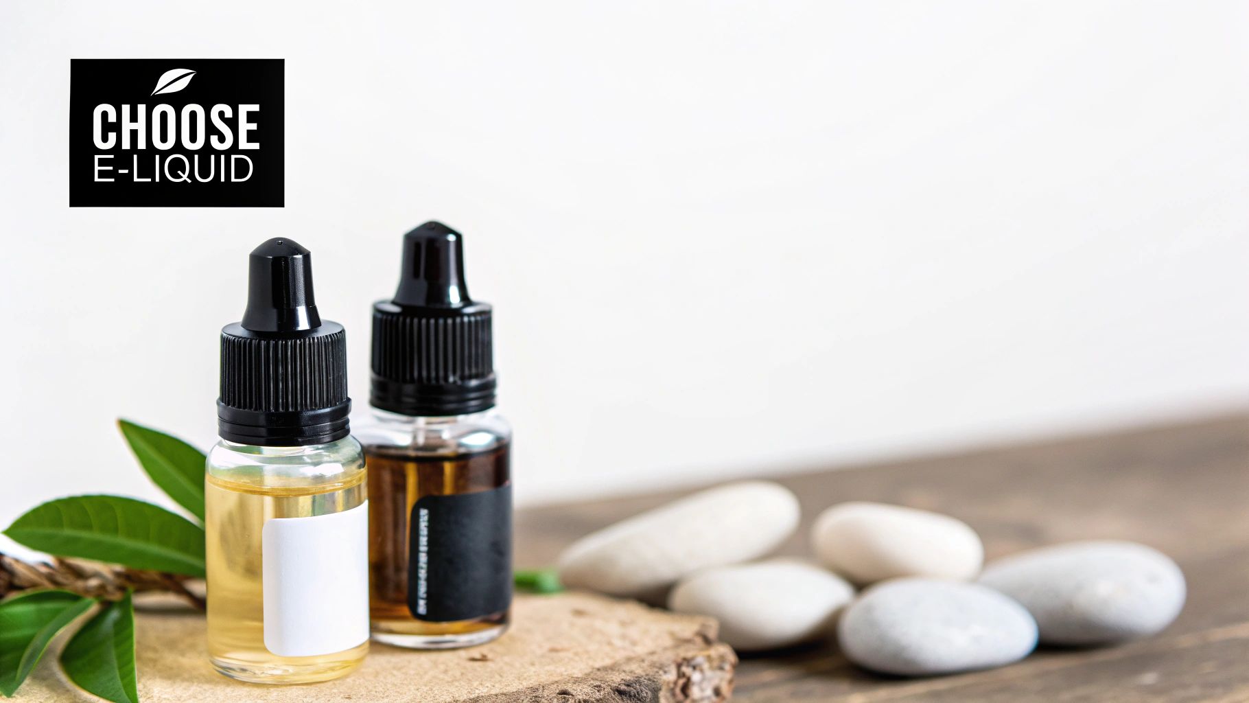 Two e-liquid bottles, green leaves, and decorative stones on a wooden background with a logo.