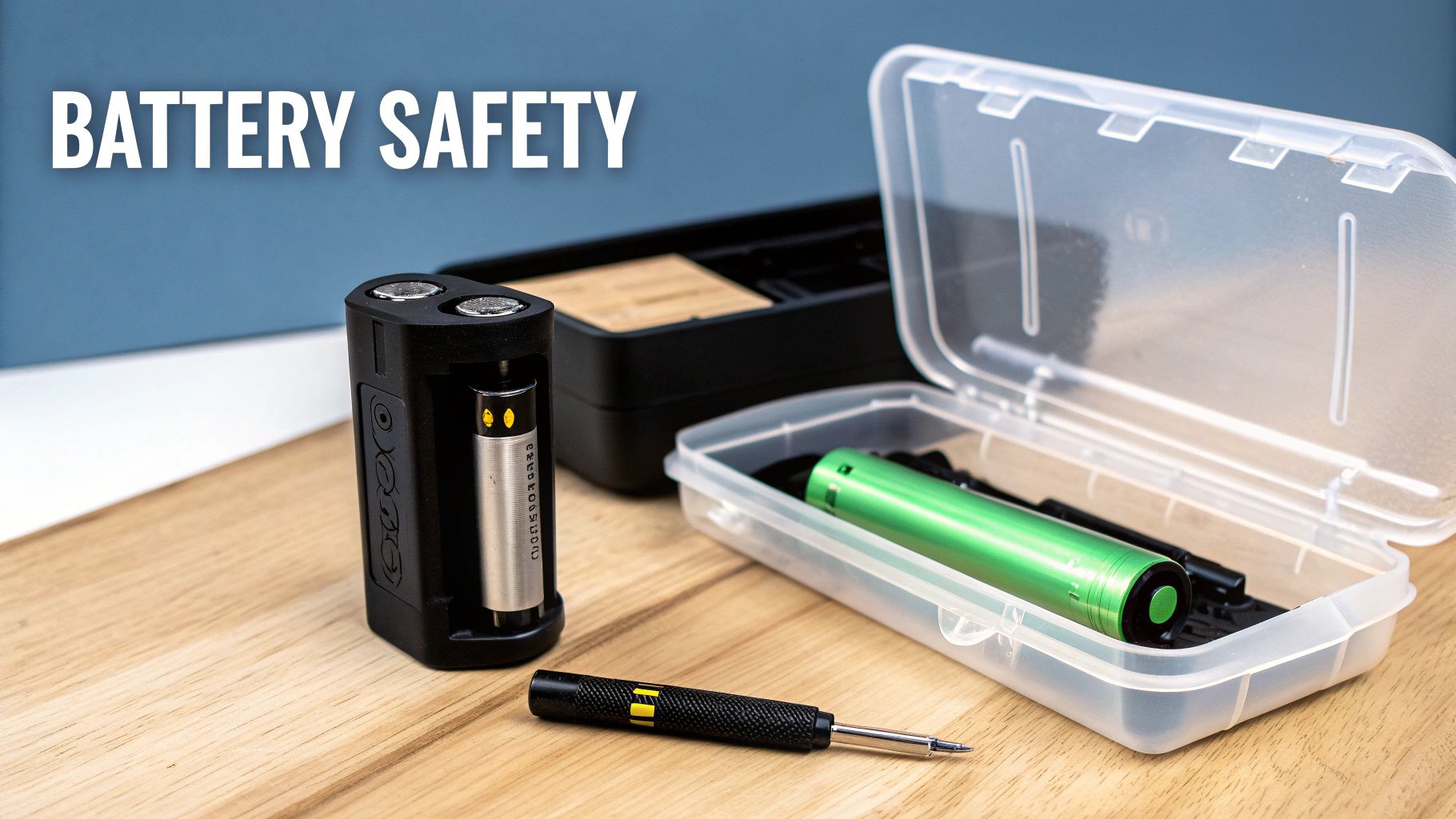 Various vape batteries, a charger, and tools on a wooden desk, emphasizing battery safety.