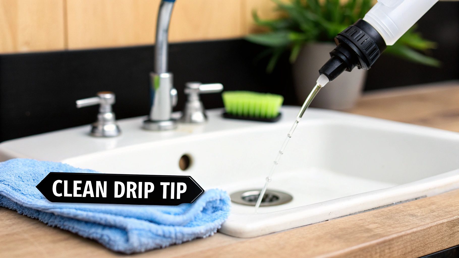 A person cleaning a long drip tip squeeze bottle over a white kitchen sink, with a blue cloth.