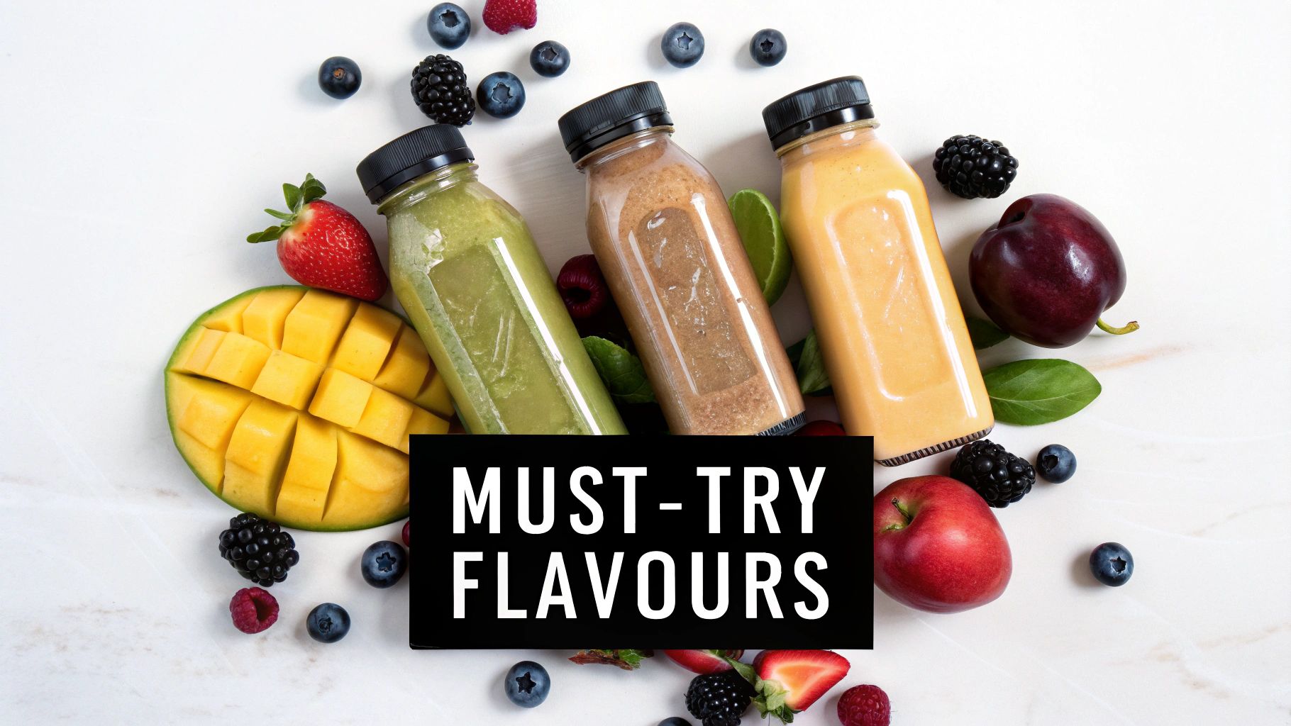 Three bottles of colorful fruit juice surrounded by fresh fruits like mango, berries, and apple, promoting must-try flavors.