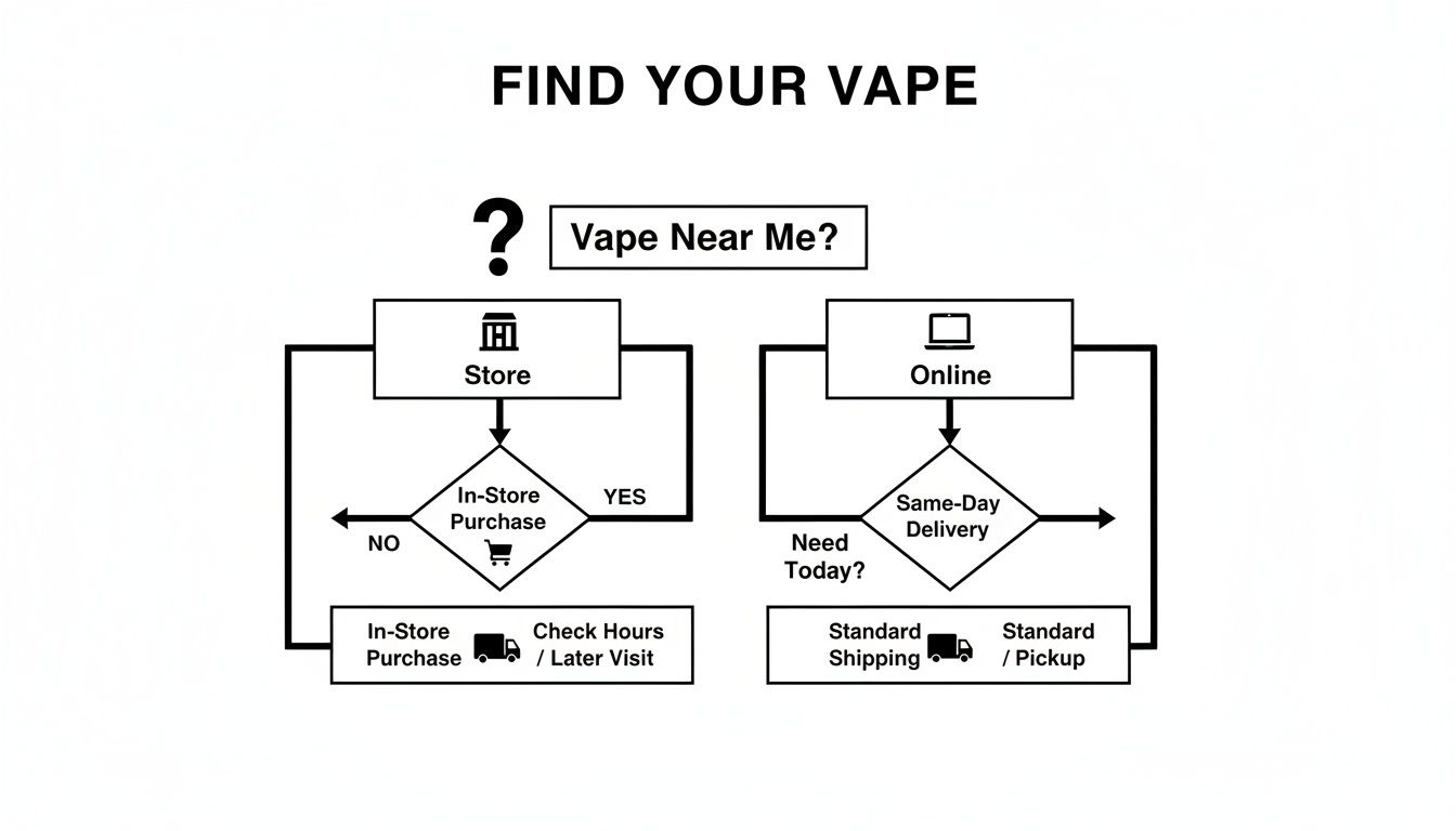 A flowchart titled 'Find Your Vape' outlining options for for in-store or online vape purchases.