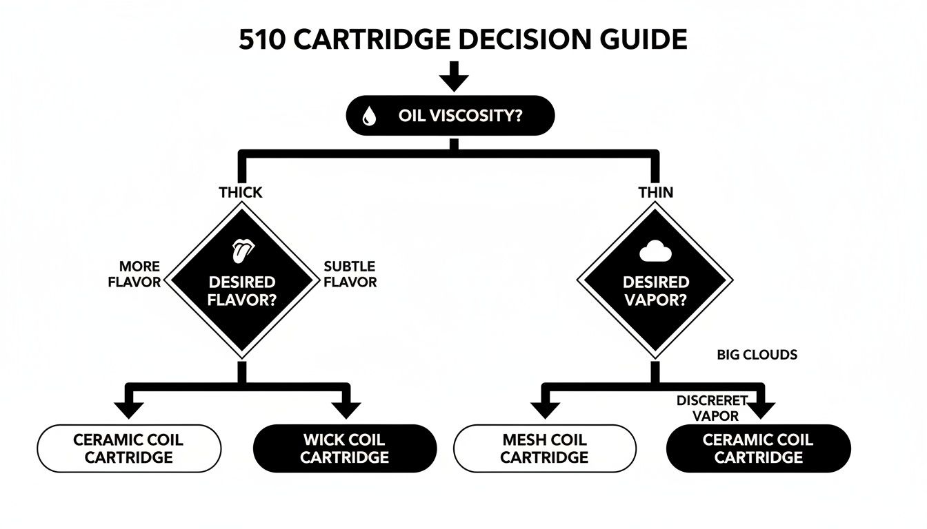 A 510 cartridge decision guide flowchart based on oil viscosity, flavor, and vapor preferences.