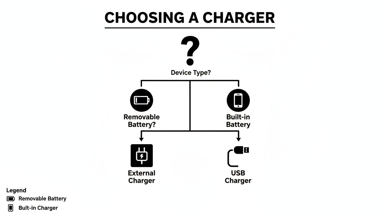 Flowchart guiding how to choose a charger based on device's battery type: removable or built-in.