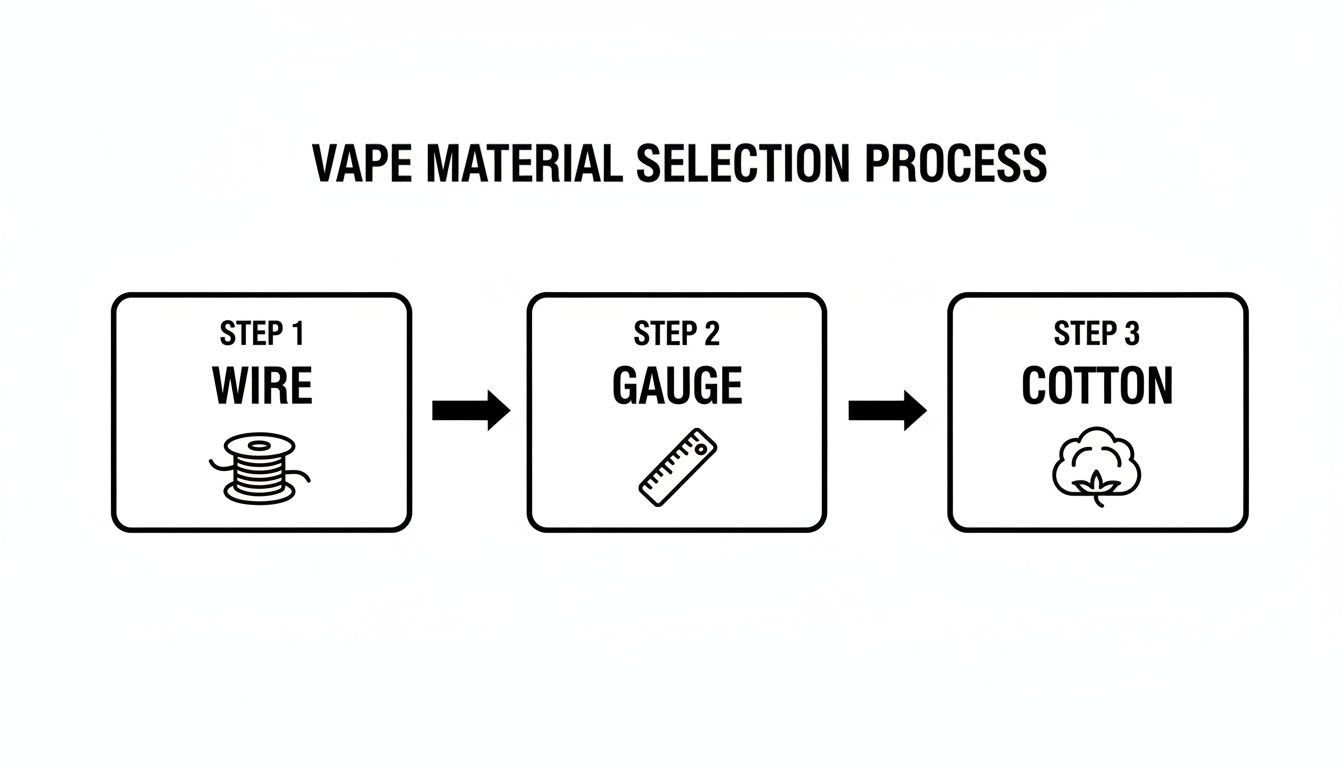 A flowchart illustrates the vape material selection process, showing steps for wire, gauge, and cotton.