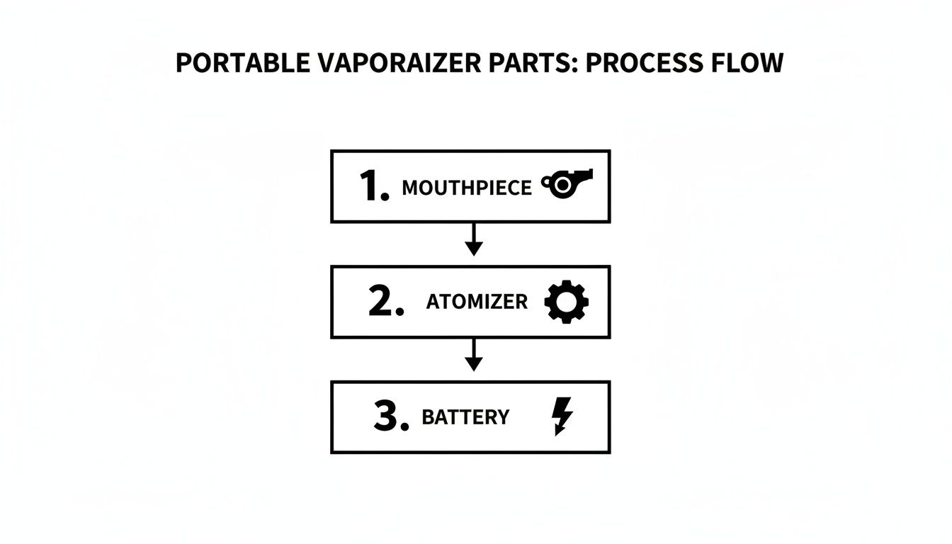 A flowchart illustrating the sequential assembly of portable vaporizer parts: mouthpiece, atomizer, and battery.