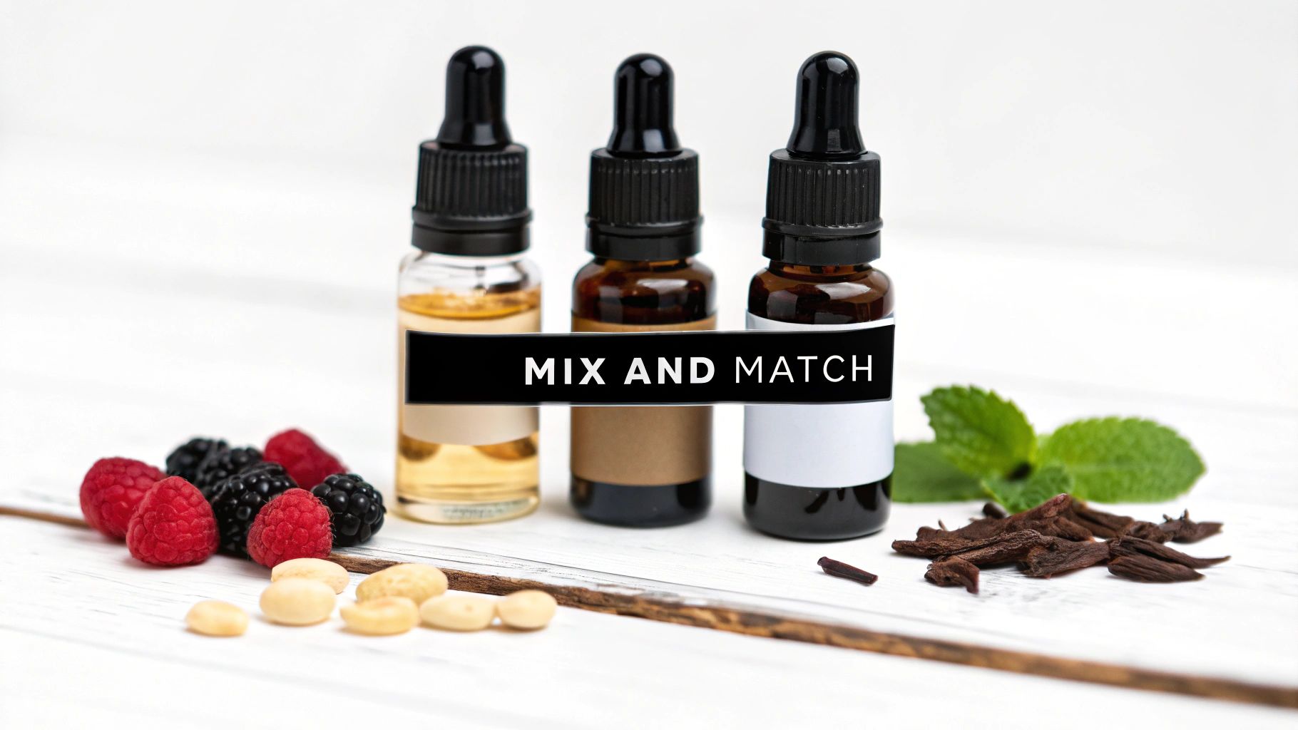 Three dropper bottles, berries, mint, and spices on a white table with 'MIX AND MATCH' text.