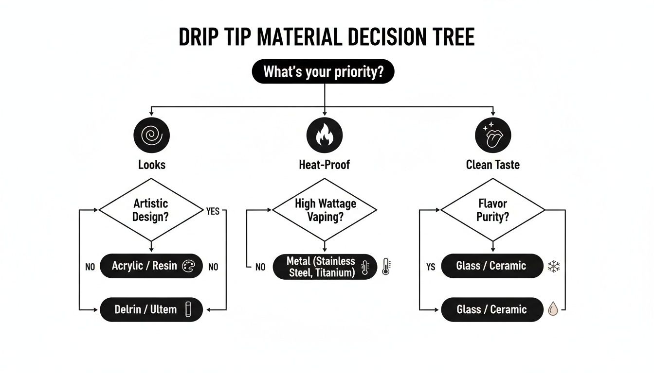 A decision tree guiding the selection of vape drip tip materials based on priorities like looks, heat-proof, or clean taste.