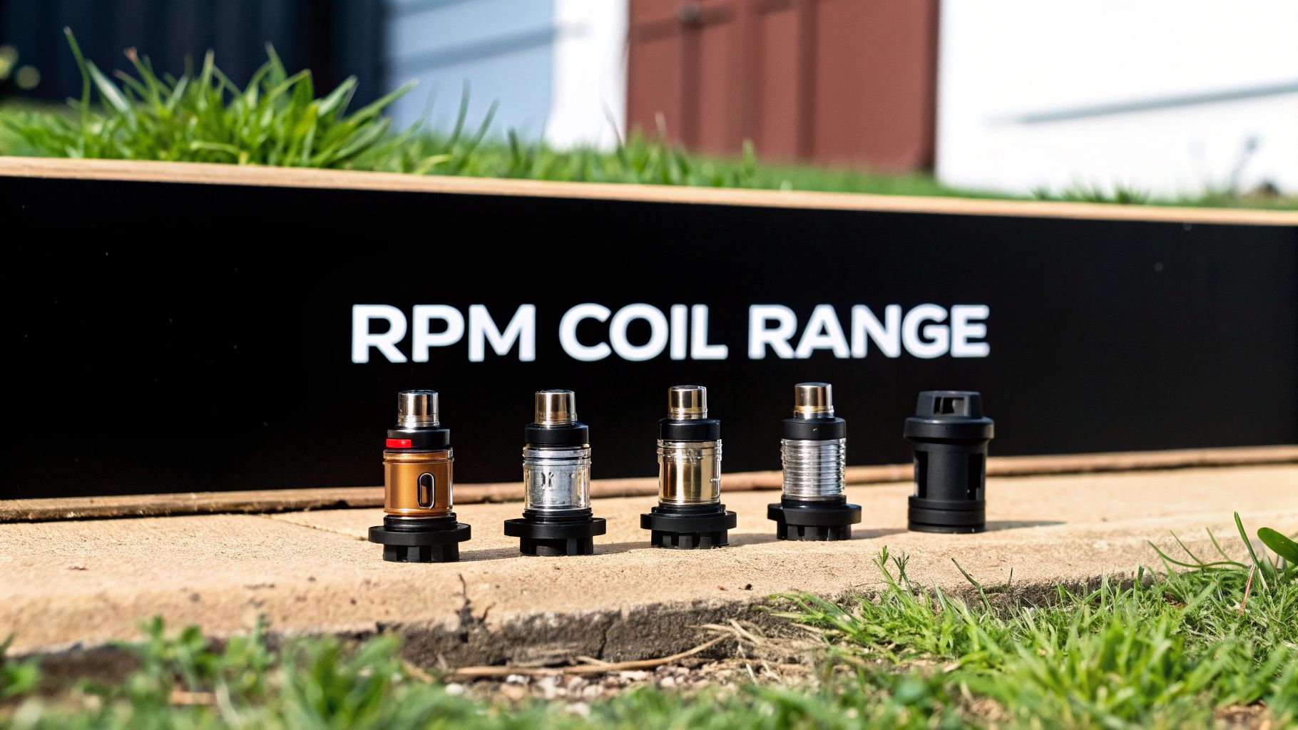 Five distinct RPM vape coils in various finishes displayed on a concrete surface.