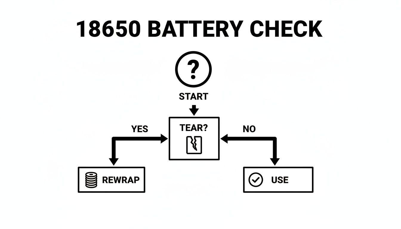 Flowchart for 18650 battery safety check: Start, check for tear. If yes, rewrap. If no, use.