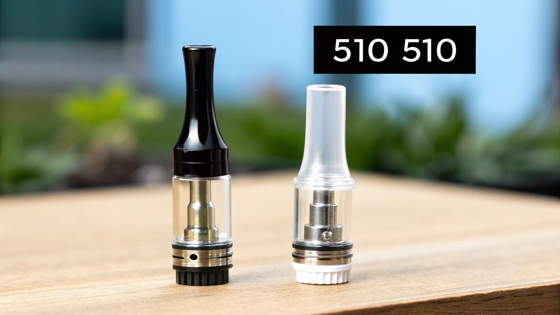 Two 510-thread vape cartridges with different drip tips, one black, one clear, on wood.