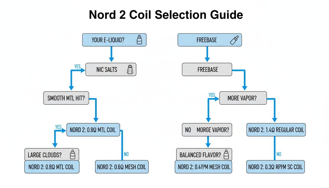 Flowchart guiding Nord 2 users to select the right coil based on e-liquid type and vaping preference.