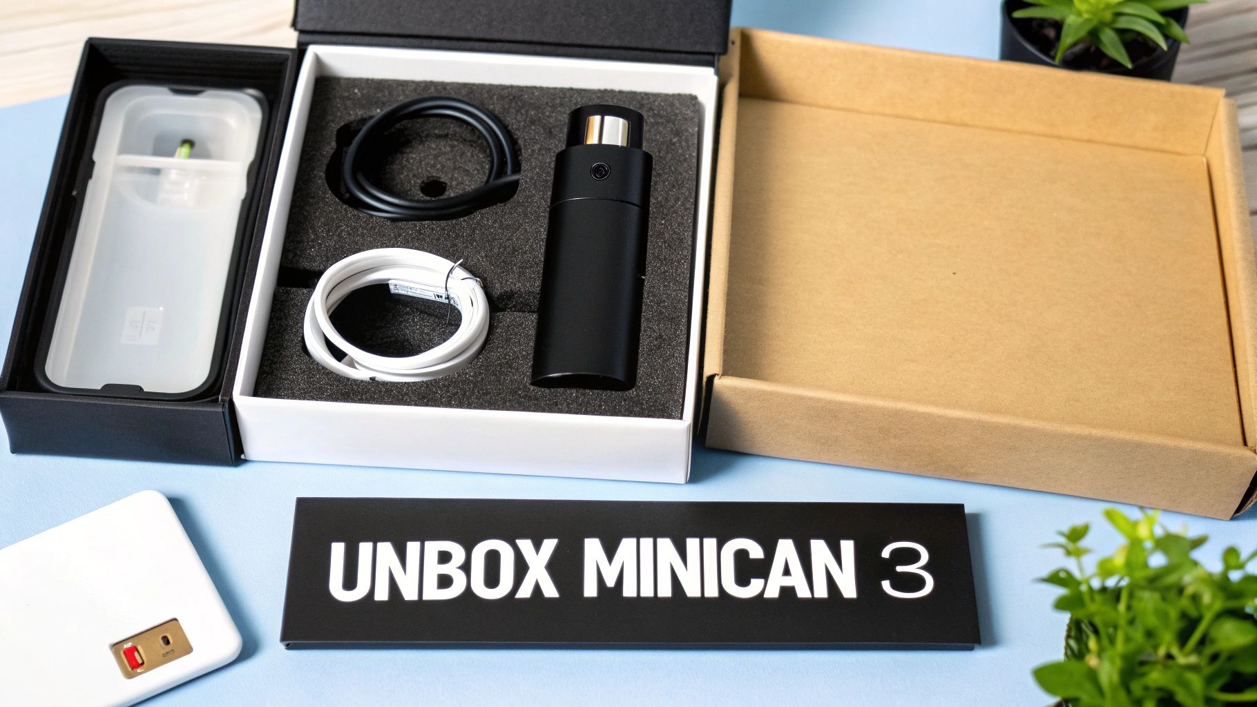 Unboxing an Aspire Minican 3 vape kit, showing the black device, cables, and packaging.