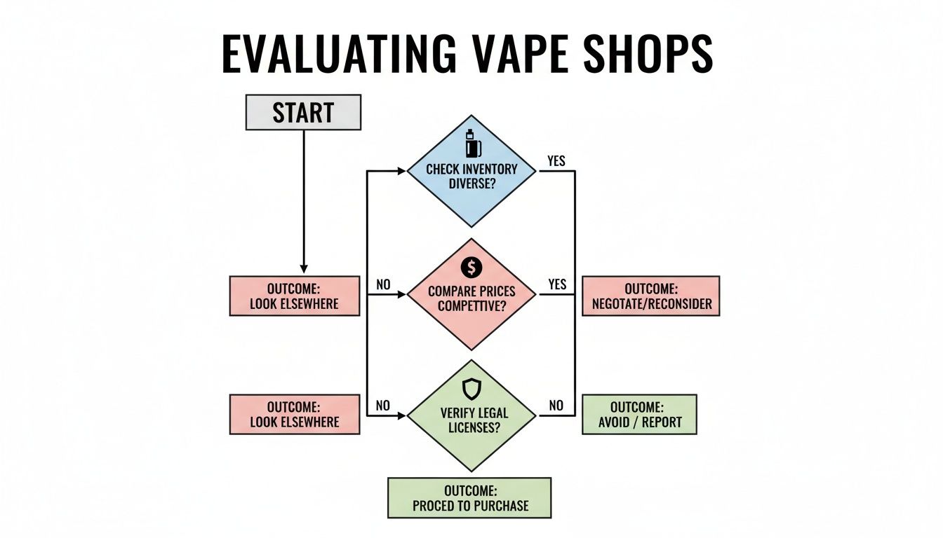 Flowchart detailing the process of evaluating vape shops based on inventory, prices, and legal licenses.