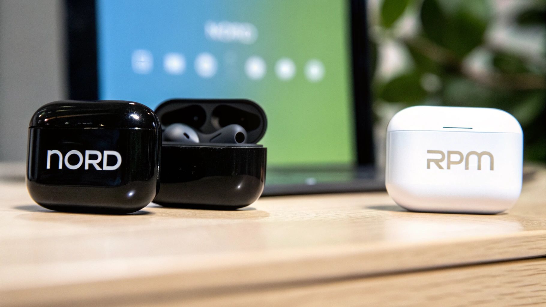 Three wireless earbud cases on a wooden desk, one black 'nord', one black open, and one white 'RPM'.