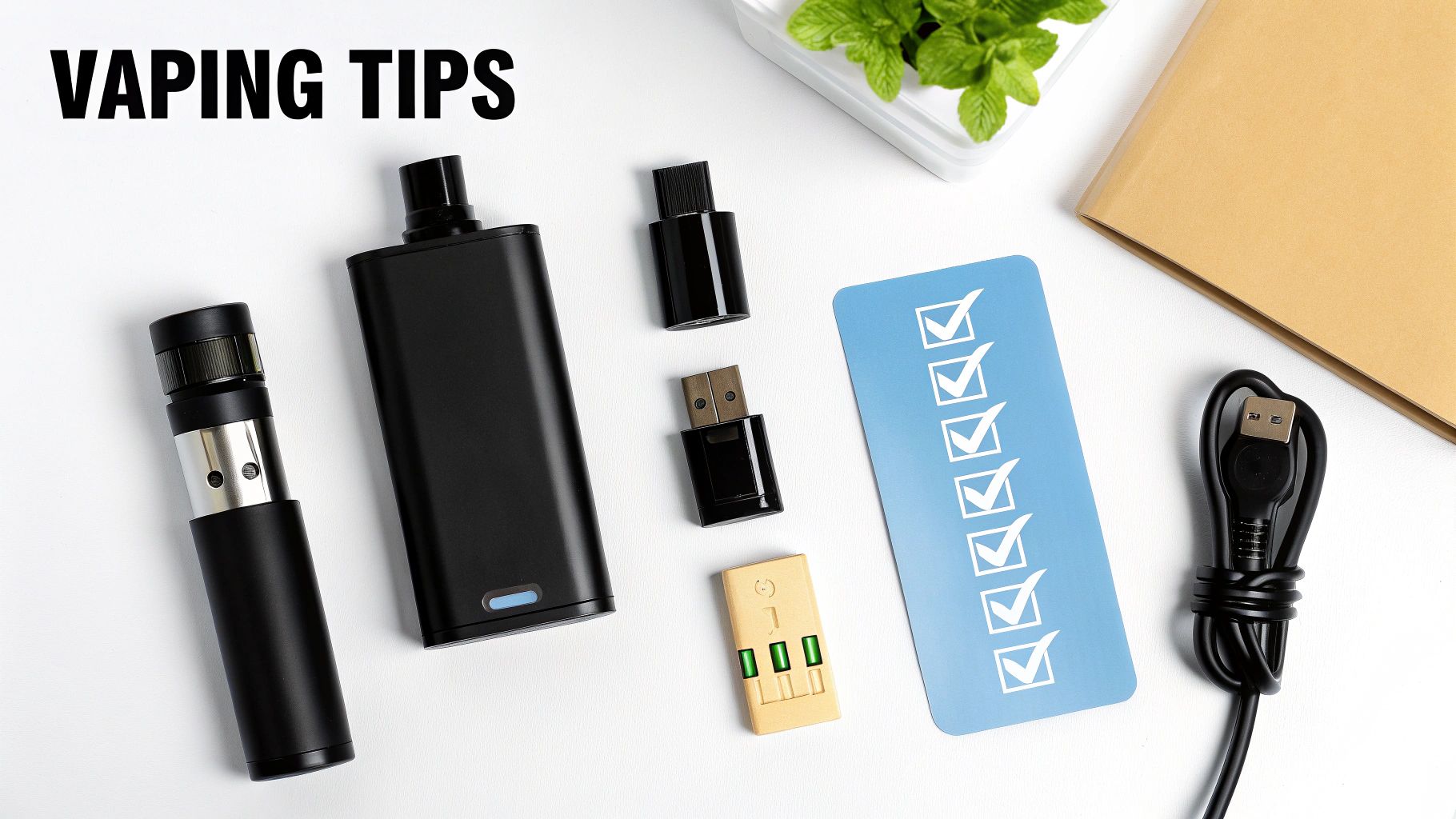 Flat lay of vaping tips with various vape devices, pods, a checklist, and charging cable.