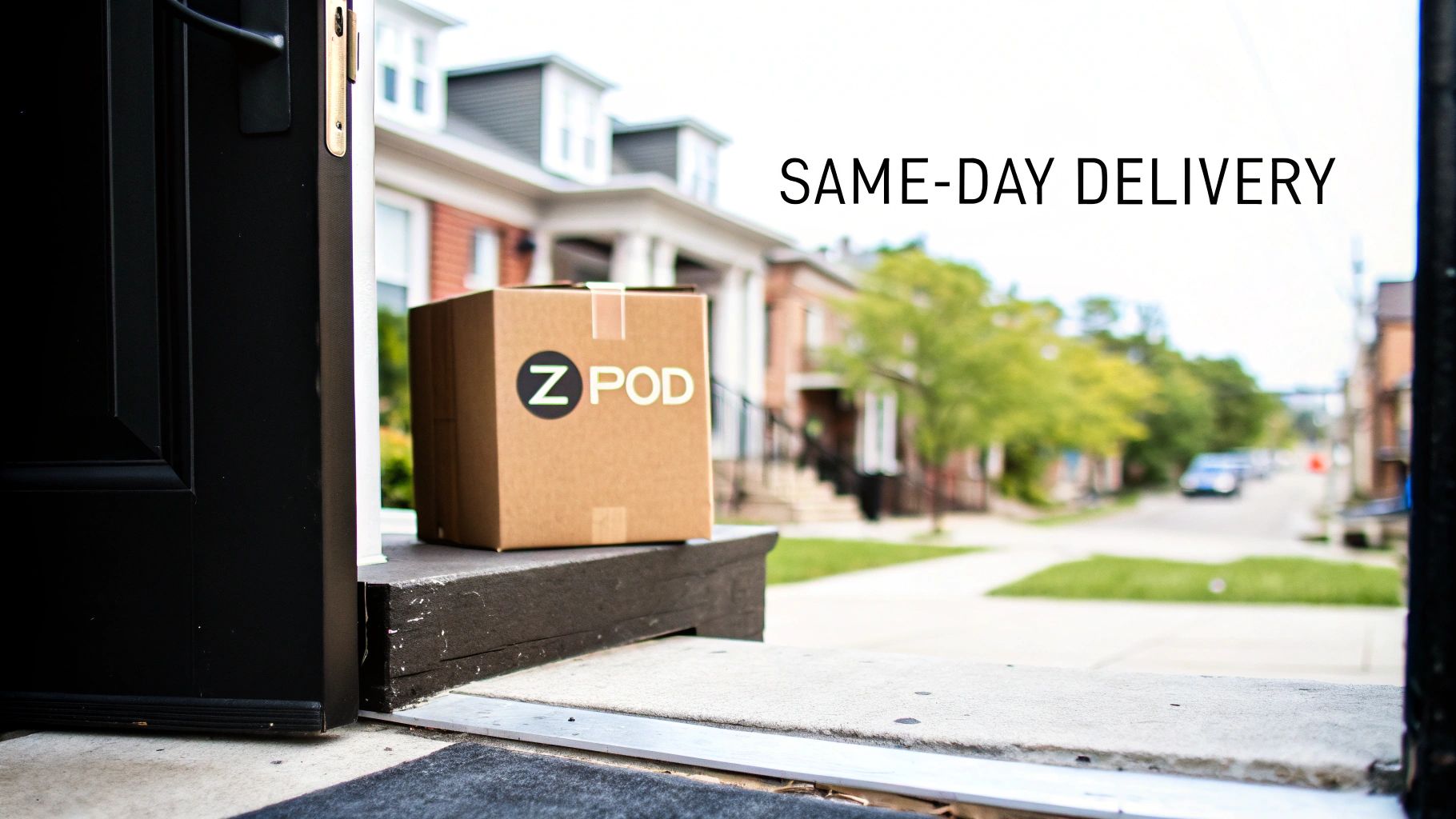 A Z POD delivery box with same-day delivery text sits on a doorstep.