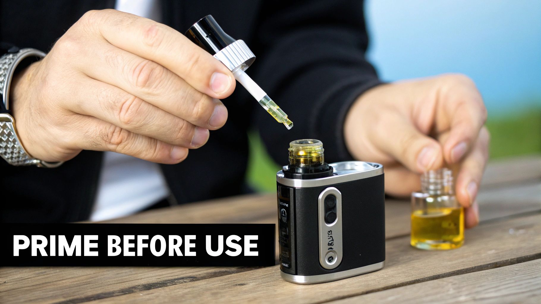 Person priming an e-cigarette, adding yellow liquid with a dropper on a wooden table.