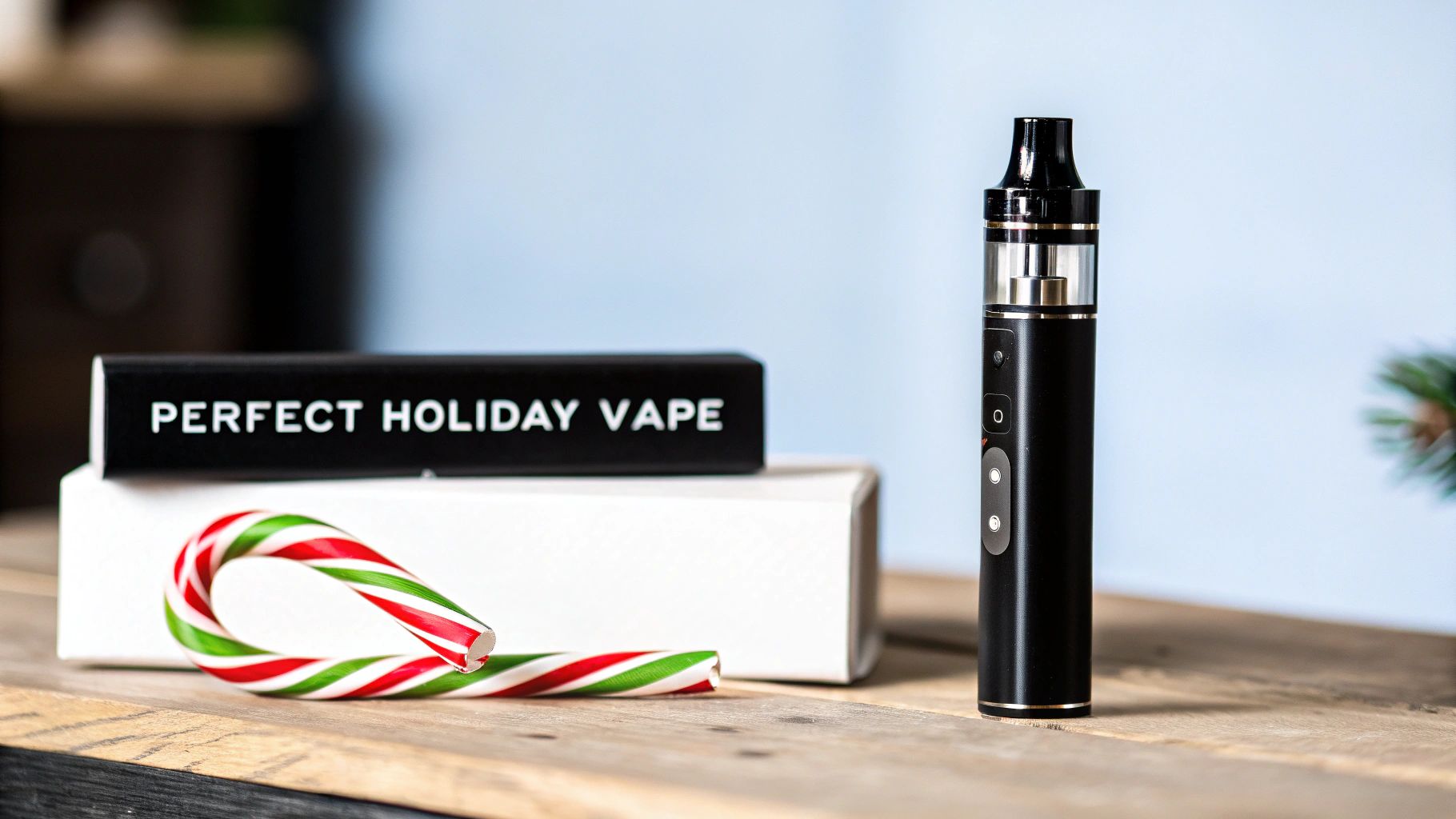 A black vape pen stands on a wooden table, next to a 'Perfect Holiday Vape' box and a candy cane, evoking a festive theme.