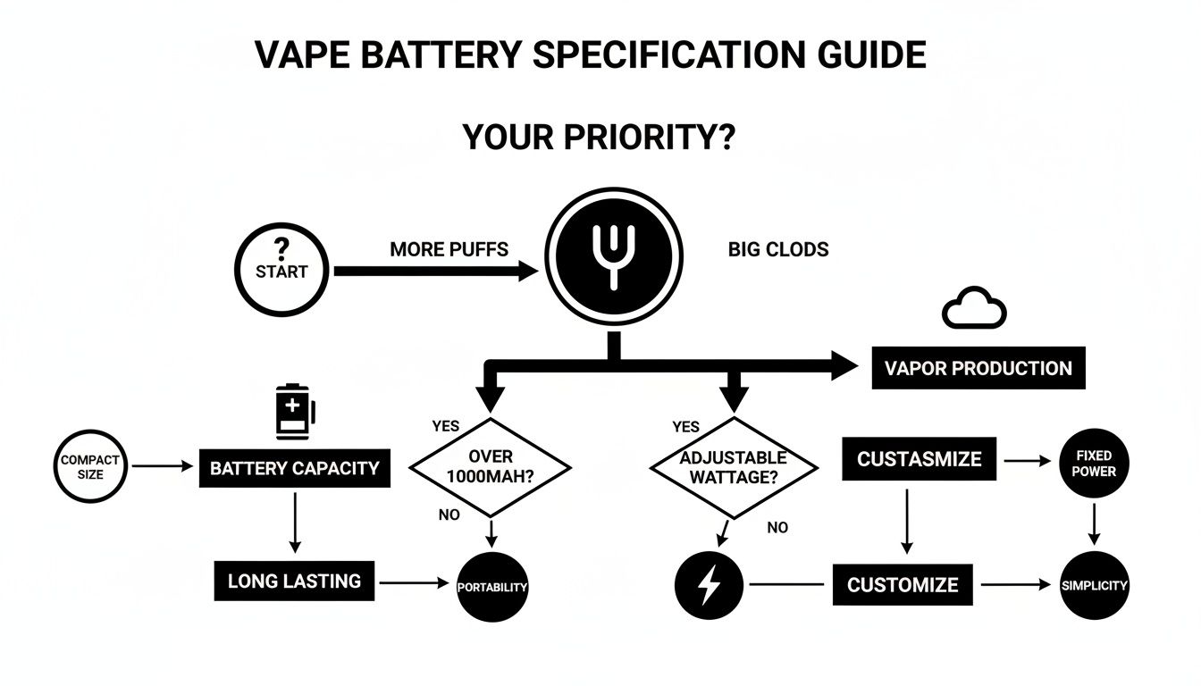 Flowchart illustrating a vape battery specification guide based on user priorities and features.