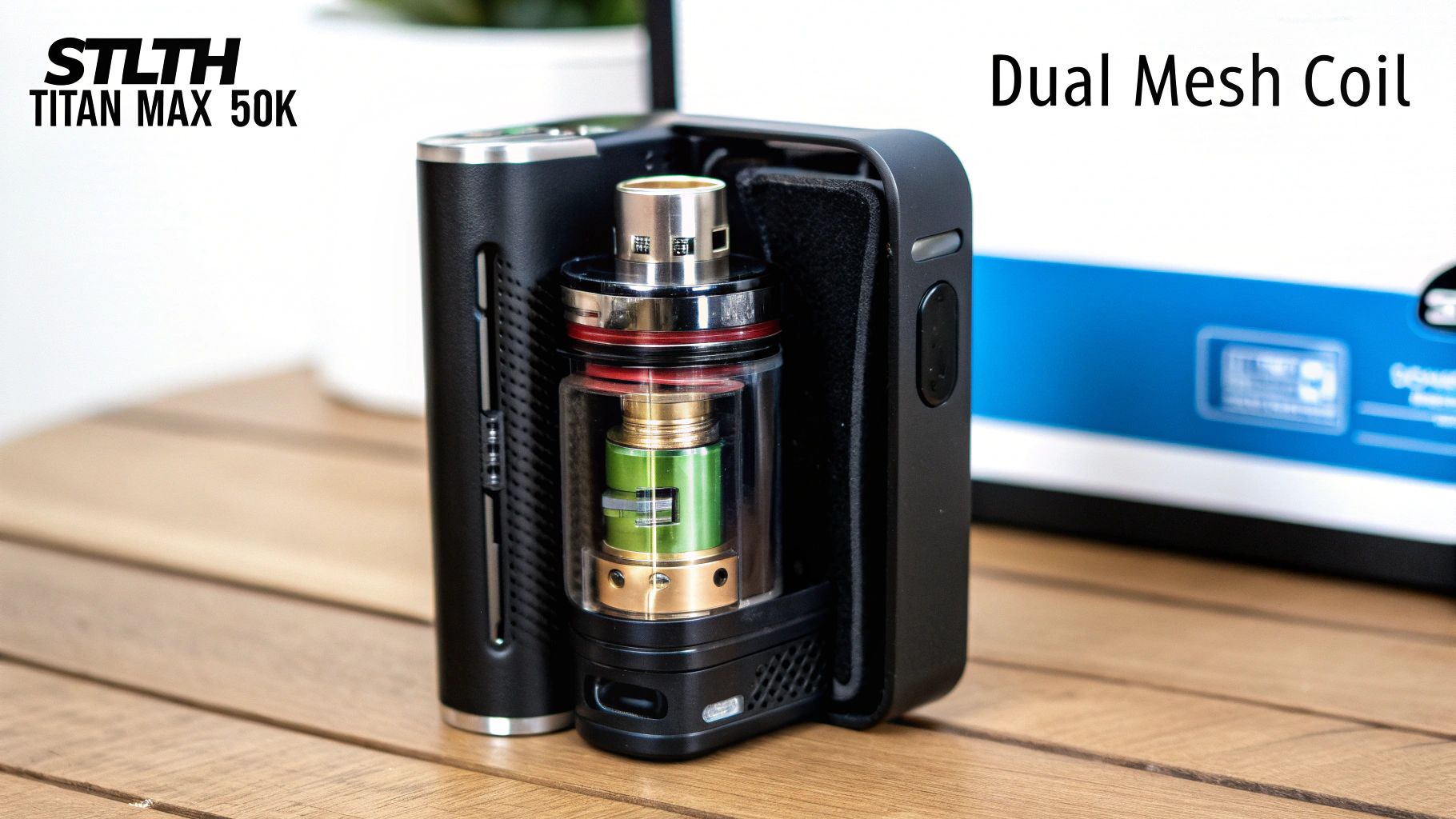 A black STLTH TITAN MAX 50K vape device featuring a clear tank and a dual mesh coil.