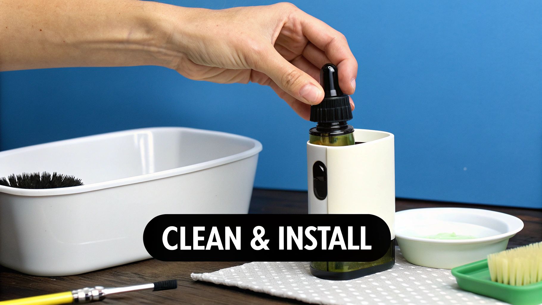 A hand inserts a dropper bottle into a white dispenser, surrounded by cleaning supplies, featuring "CLEAN & INSTALL" text.