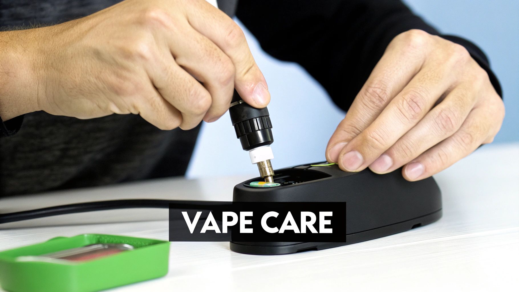 A person's hands are shown meticulously cleaning a black electronic cigarette device.