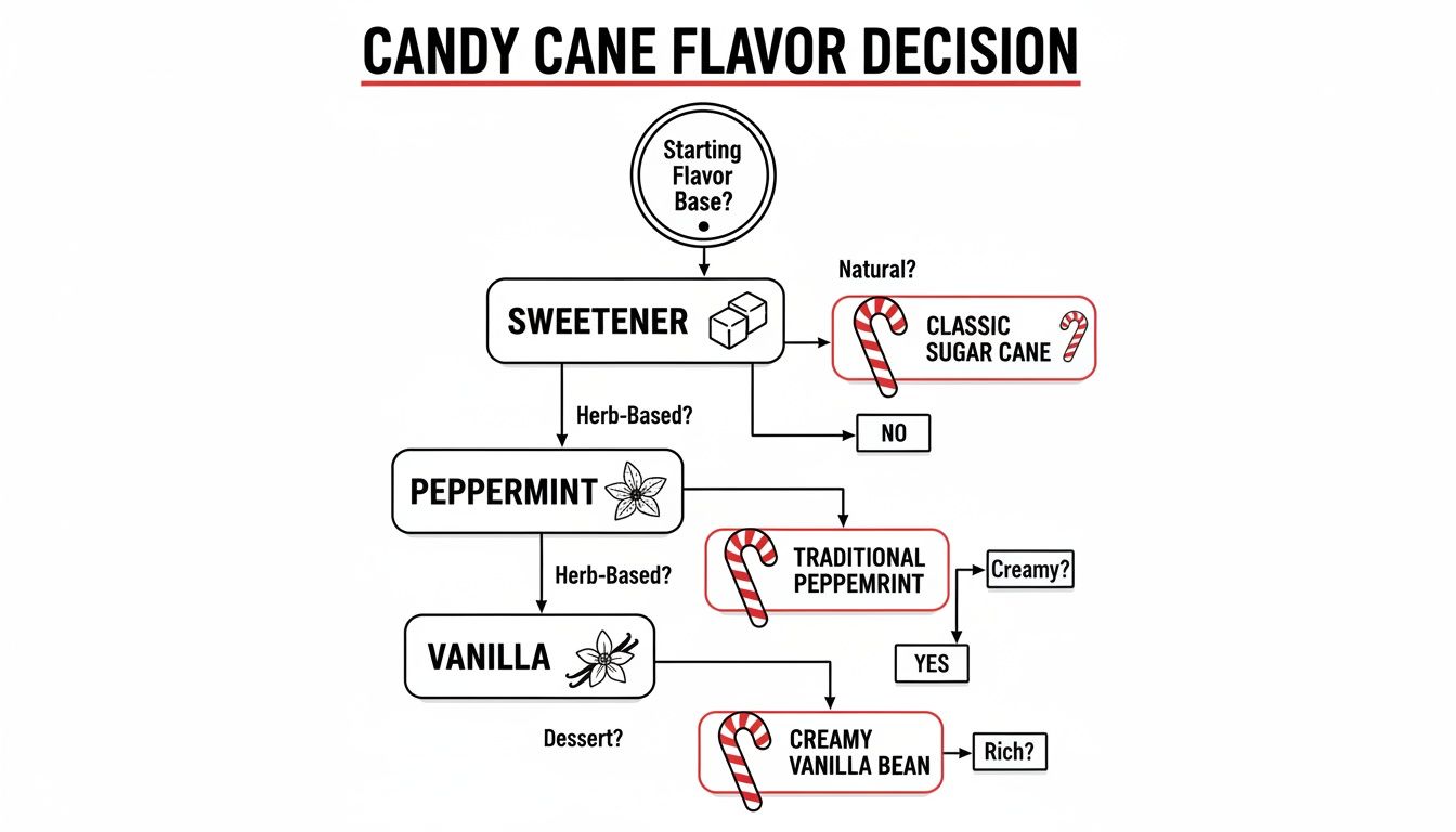 A candy cane flavor decision flowchart illustrating paths from starting base to classic sugar cane, traditional peppermint, and creamy vanilla bean flavors.