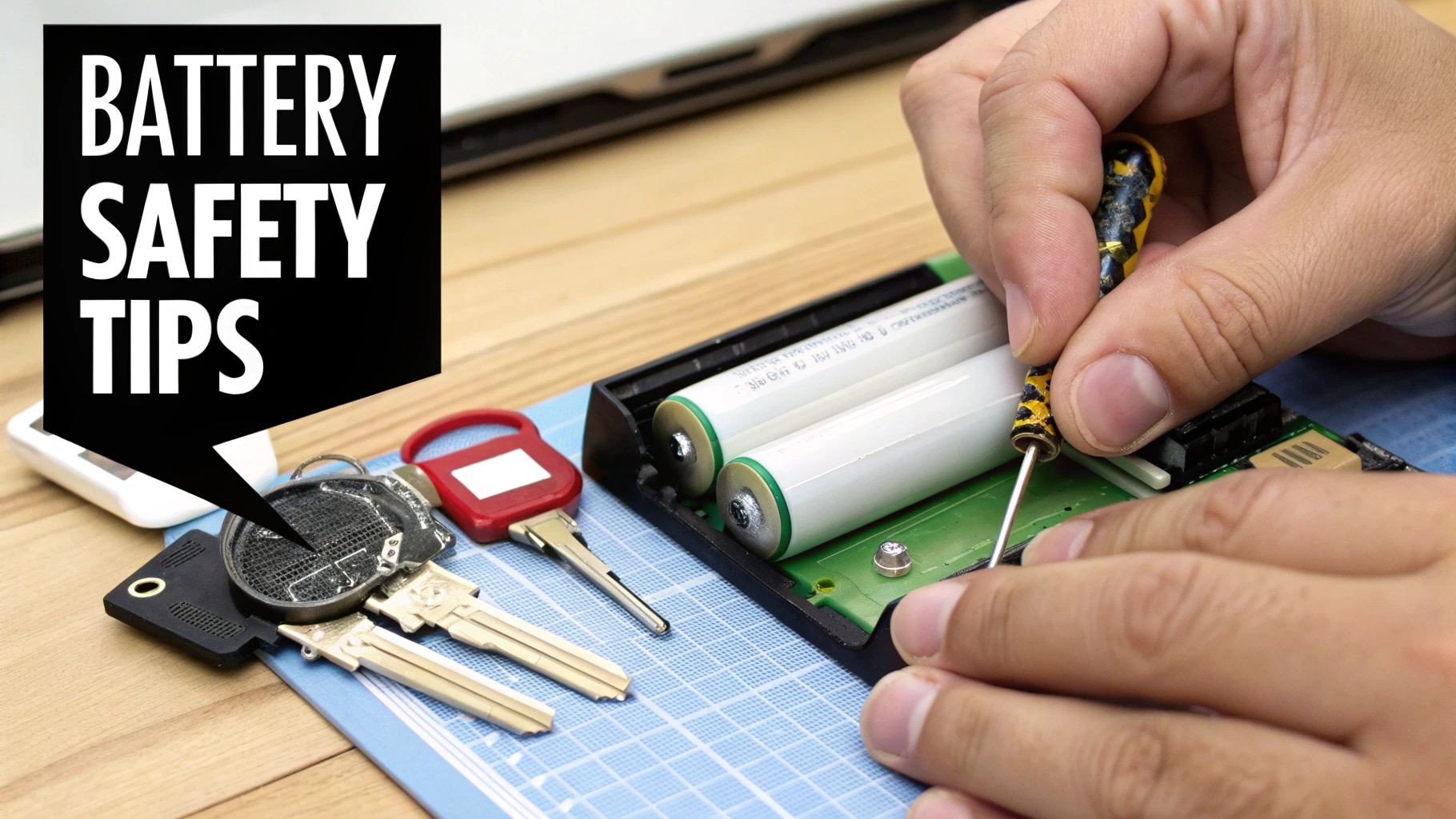 Hands work on an electronic device with 18650 batteries, emphasizing battery safety tips.