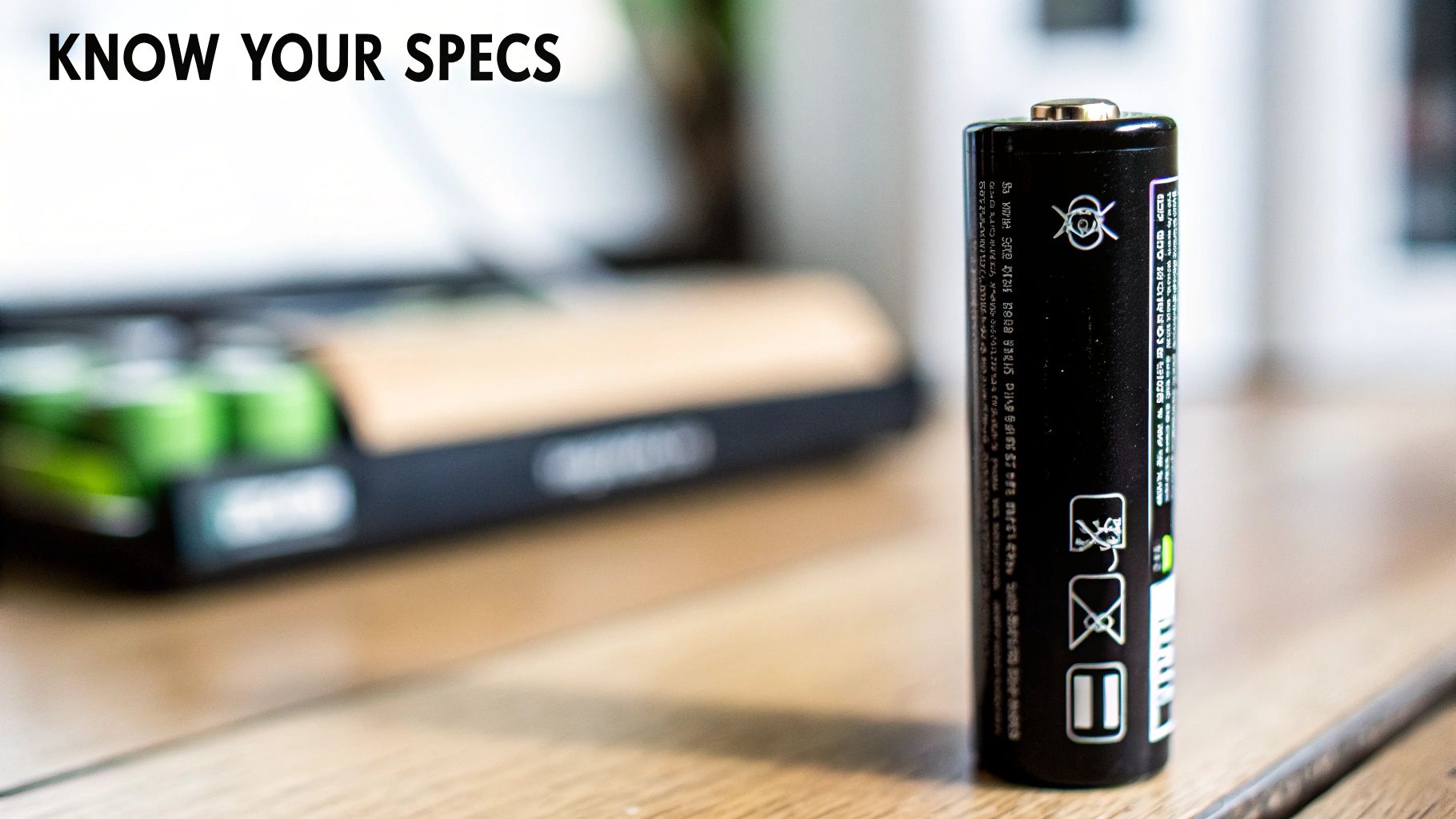 Close-up of a black rechargeable battery on a wooden table, with a charger in the background.