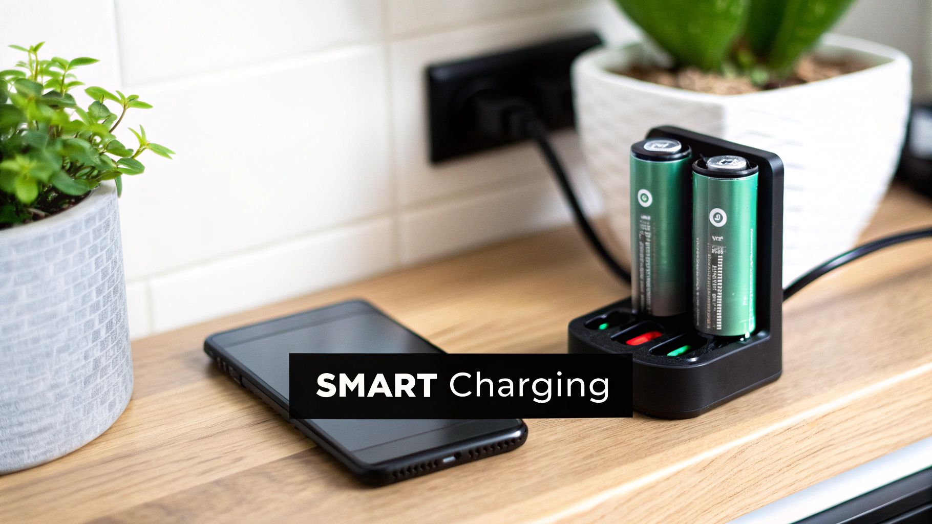 Green rechargeable batteries in a smart charger next to a smartphone and potted plants.
