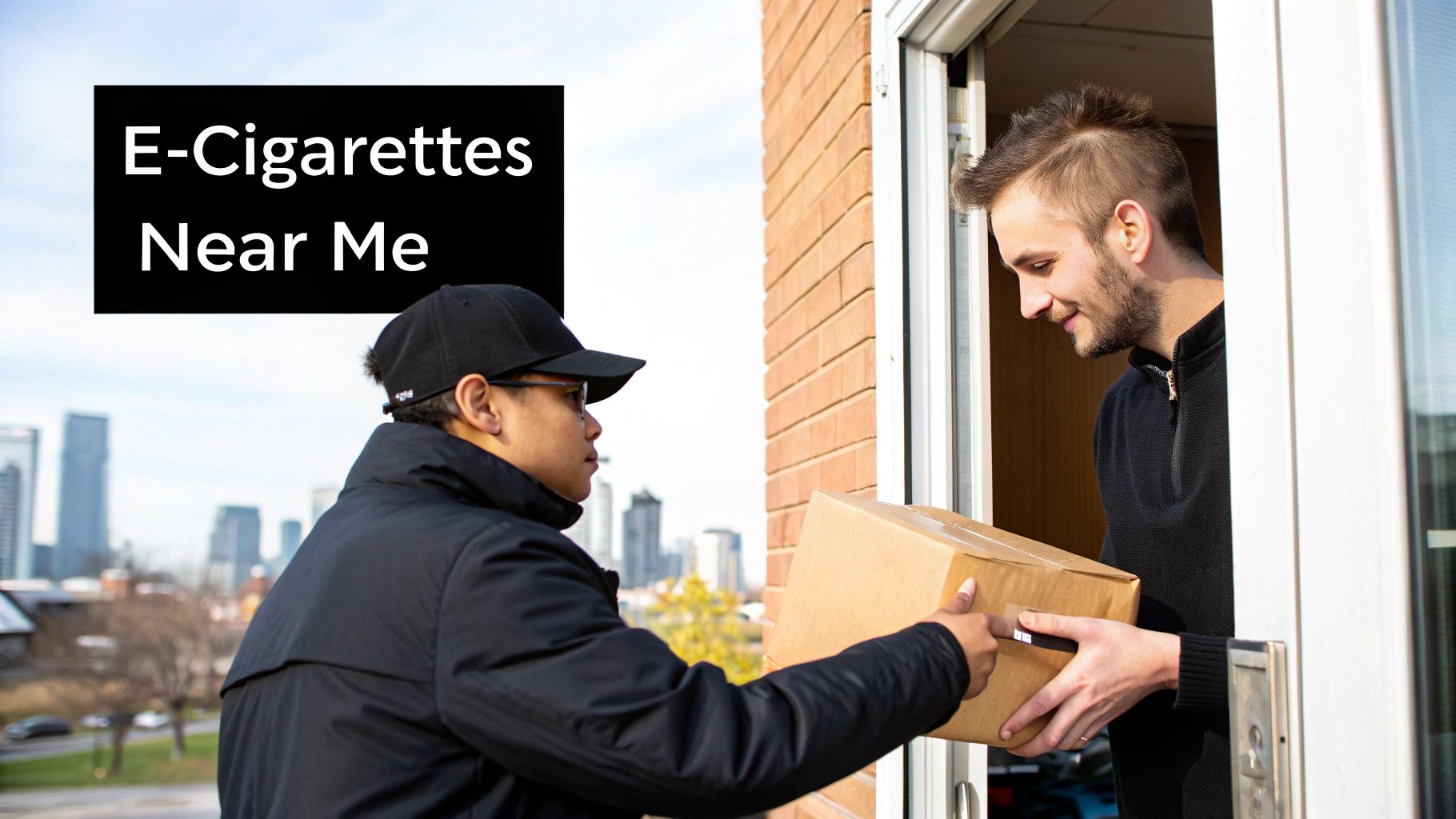 A delivery person hands a brown package to a smiling man at his doorstep, with a city background.