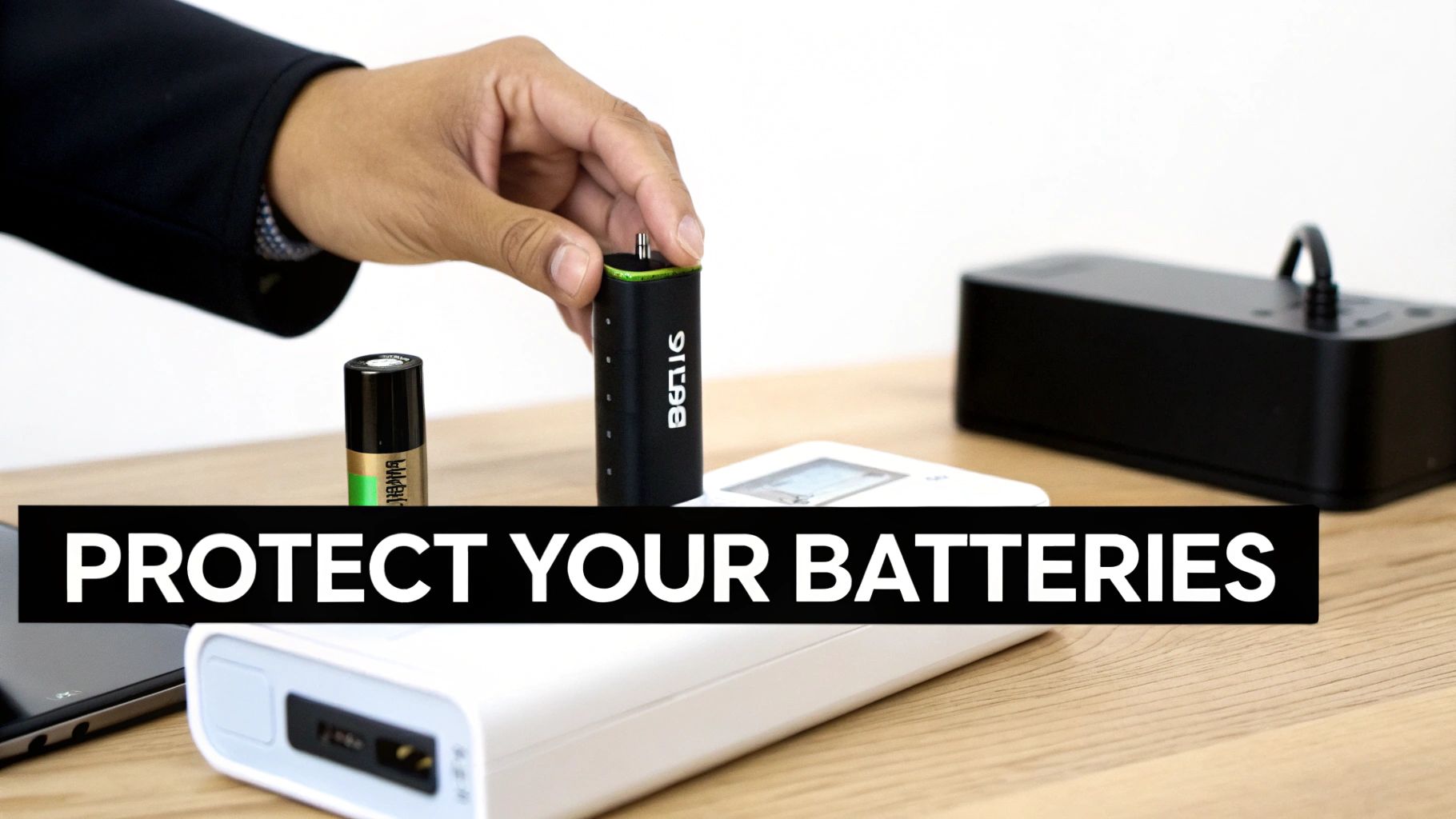 A hand places a SITLAB battery onto a surface, surrounded by other batteries and charging devices, emphasizing battery protection.
