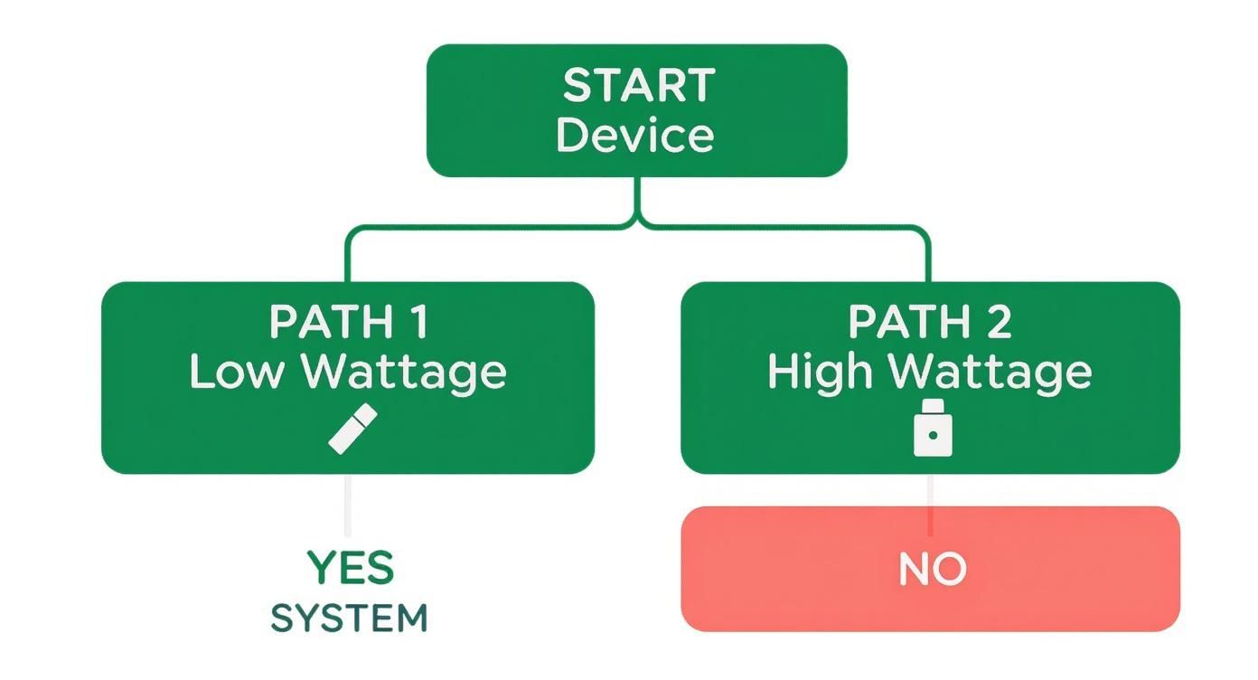 A flowchart illustrates device startup with two paths: low wattage leads to YES, high wattage to NO.