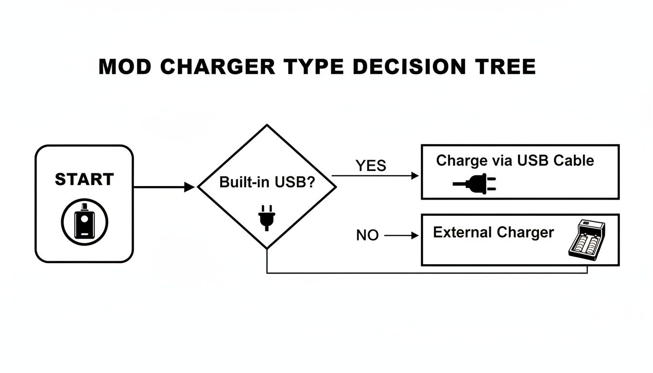 Decision tree flowchart explaining vape mod charging options: built-in USB vs. external charger.