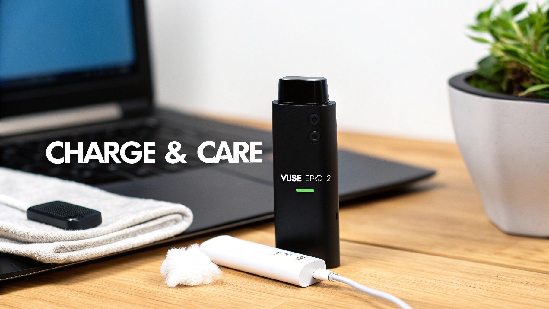 Vuse ePod 2 device charging with accessories and cleaning tools on a wooden desk.