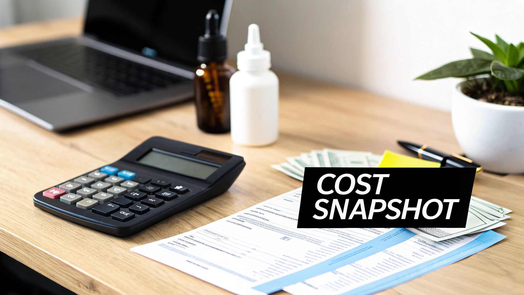 A desk with a calculator, documents, money, a laptop, and a "COST SNAPSHOT" overlay.