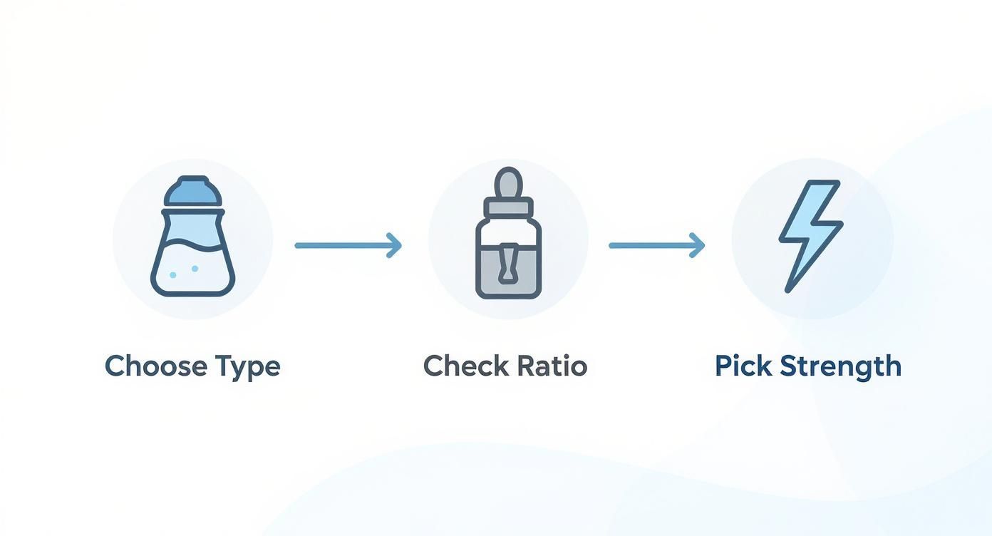 A three-step process with icons: 'Choose Type', 'Check Ratio', and 'Pick Strength'.
