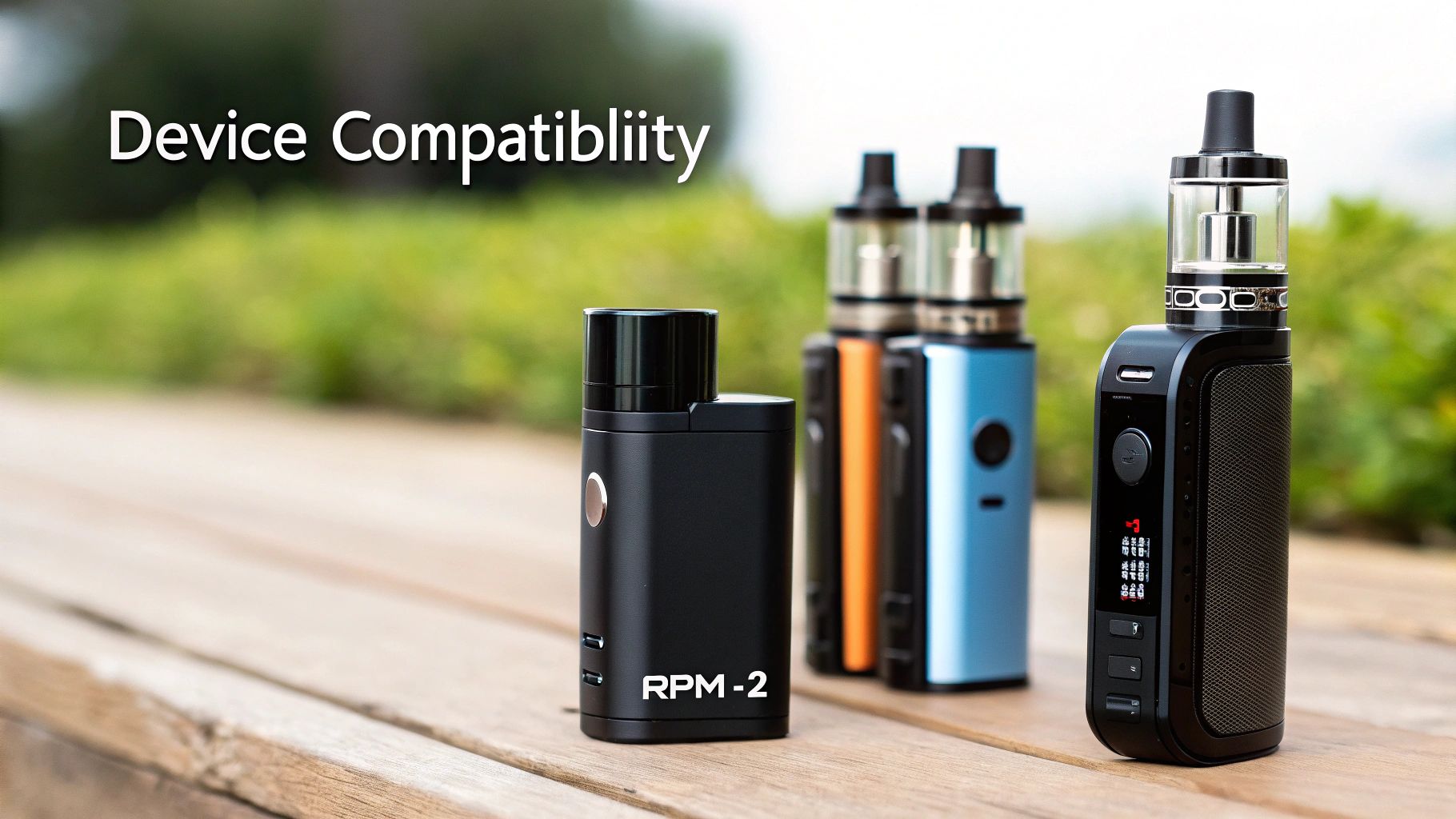Three vaping devices, including an RPM-2, showcasing device compatibility on a wooden table outdoors.