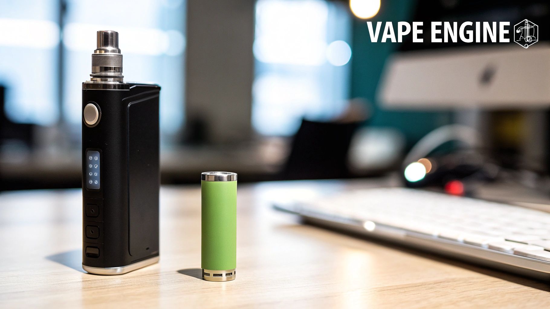 A black vape mod and a green 18650 battery sit on a wooden desk in an office setting.