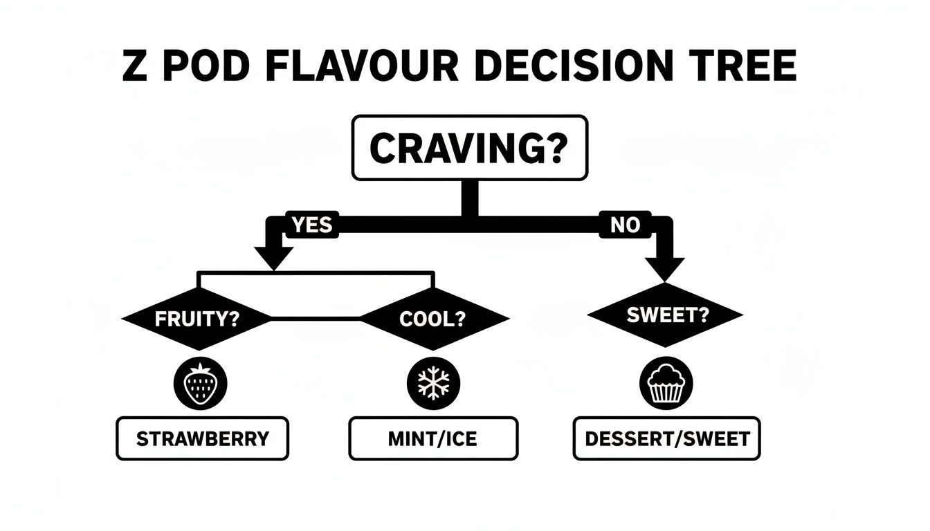 A Z Pod flavour decision tree guiding choices for strawberry, mint/ice, or dessert/sweet based on cravings.