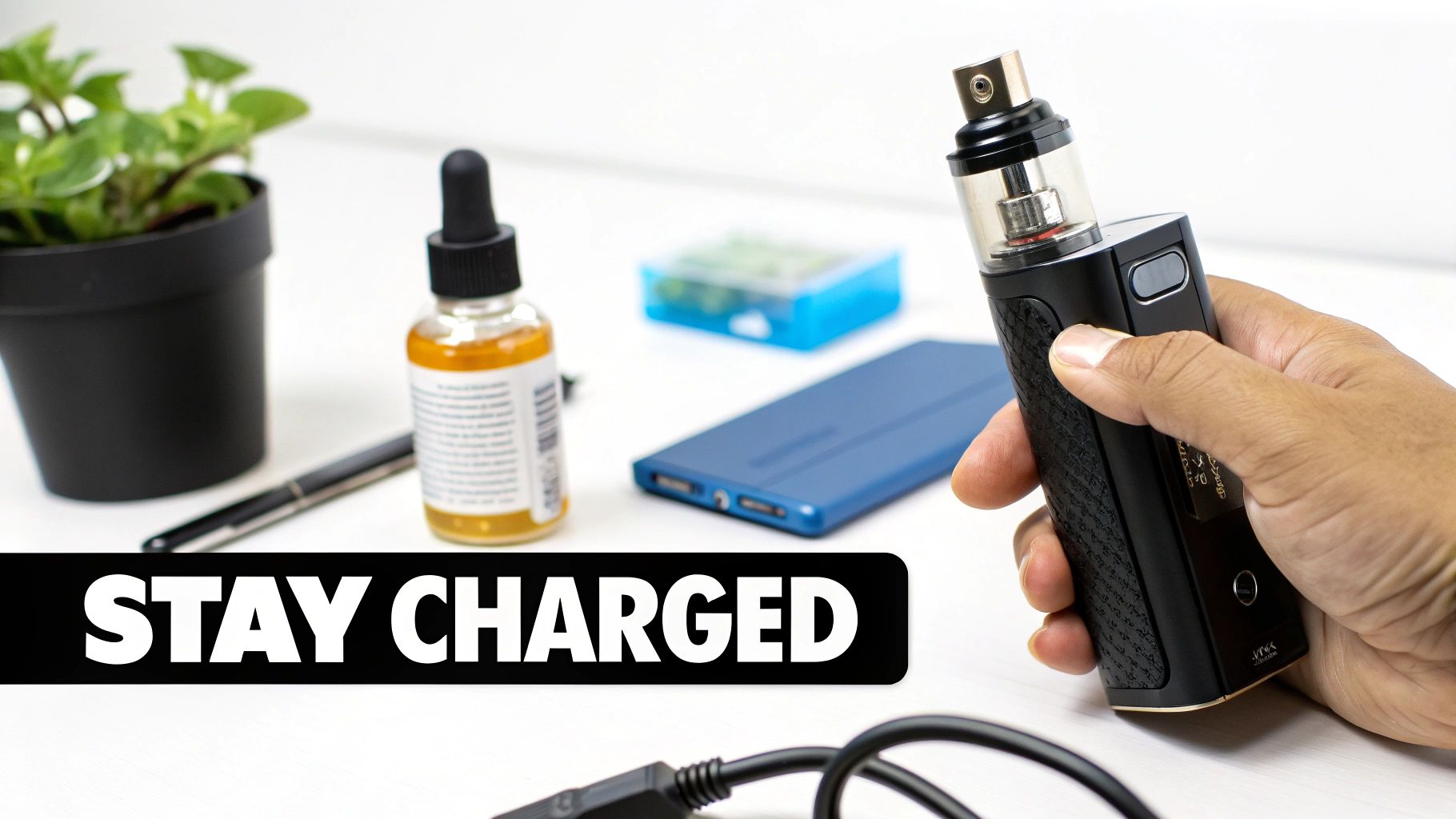 Person holding a black vape device on a desk with e-liquid, charging cable, and 'STAY CHARGED' text.