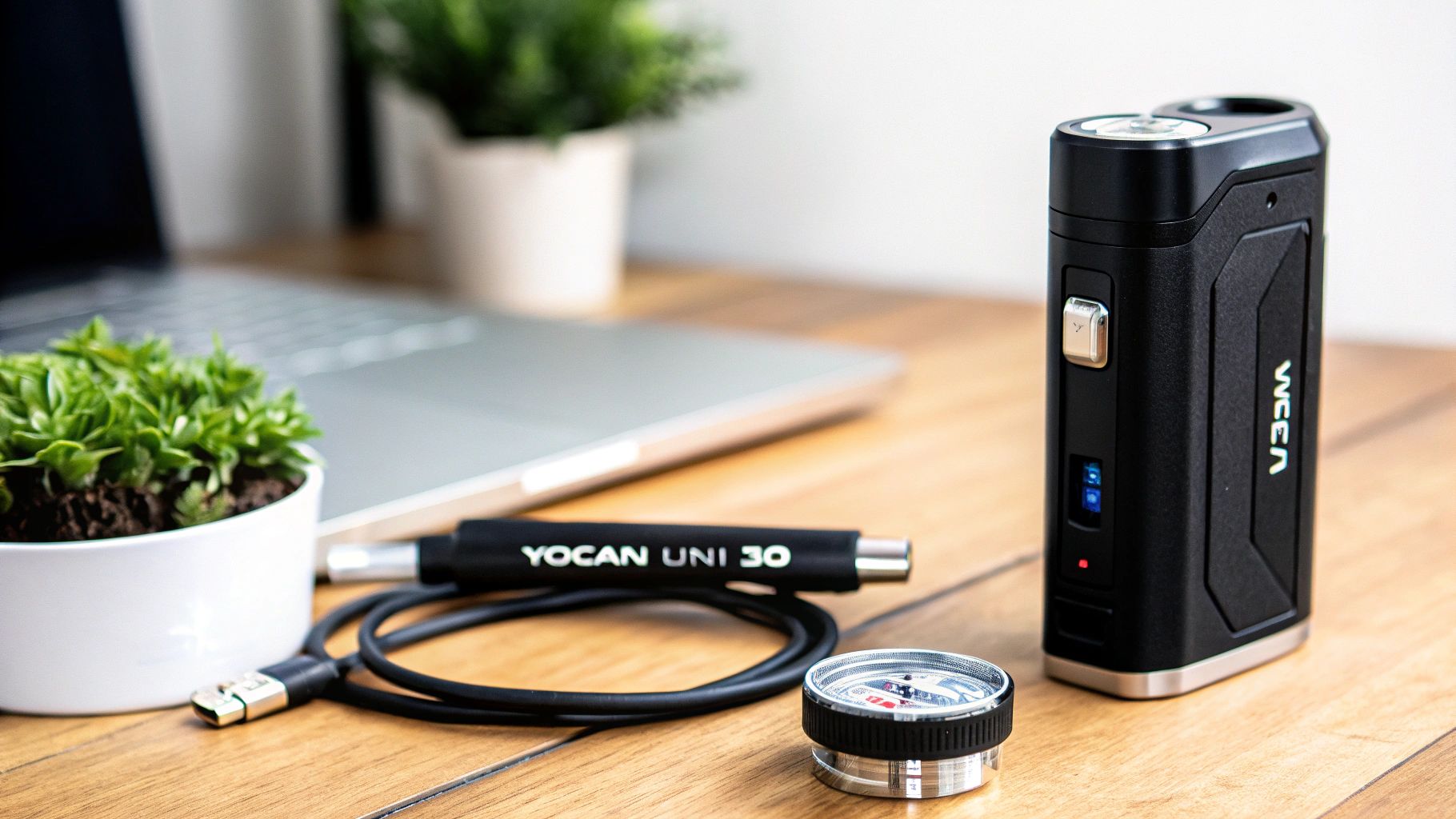 A Yocan UNI 3.0 vape, a WCEN vape, a charging cable, and a compass on a wooden desk.