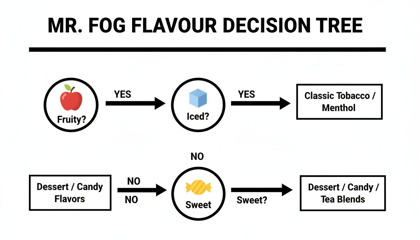 Mr. Fog flavor decision tree showing paths based on fruity, iced, and sweet preferences to choose vape flavors.