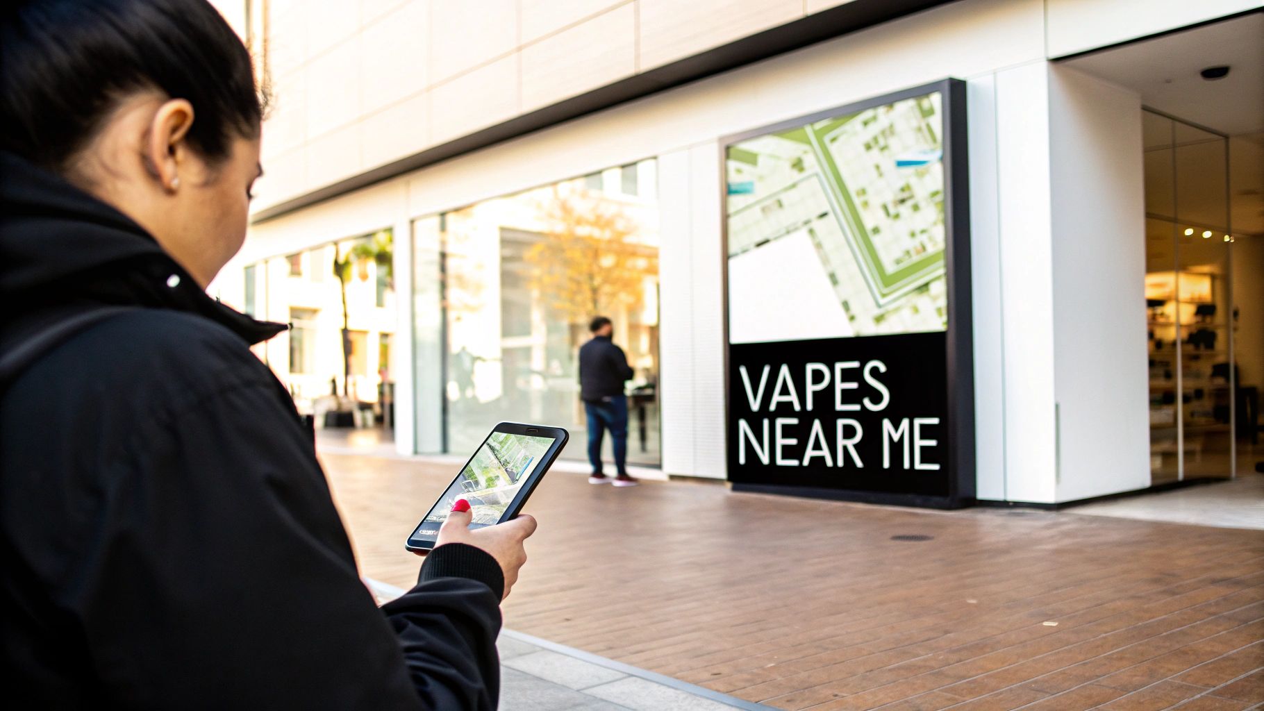 Person using smartphone map app near a large outdoor digital sign displaying 'Vapes Near Me' advertisement.