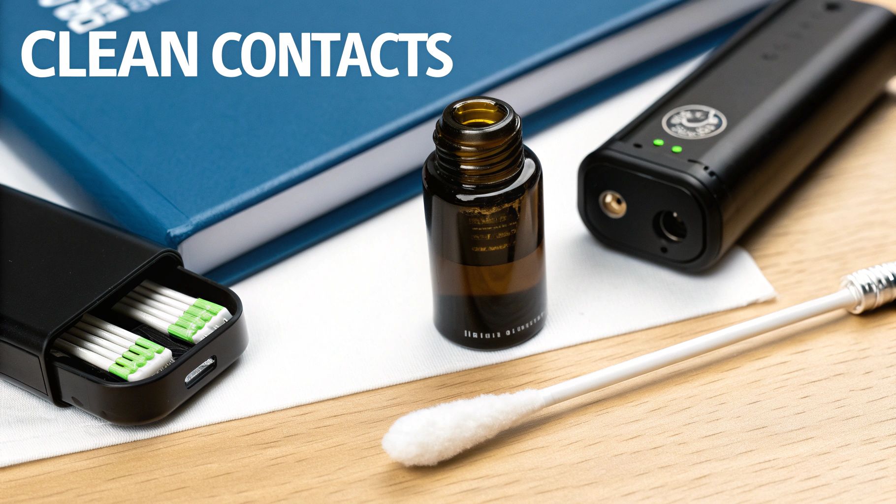 A close-up of cleaning supplies for electronics, including swabs, a solution bottle, and a device.