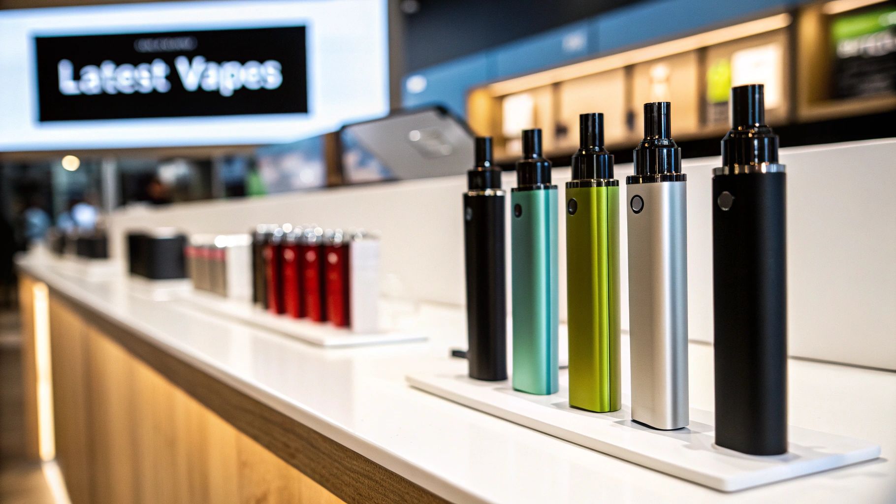 A display of colorful vape pens in a store, with a 'Latest Vapes' sign in the background.