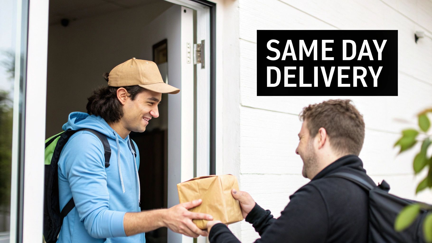 A smiling delivery person hands a package to a happy customer at their doorstep, indicating same-day delivery.