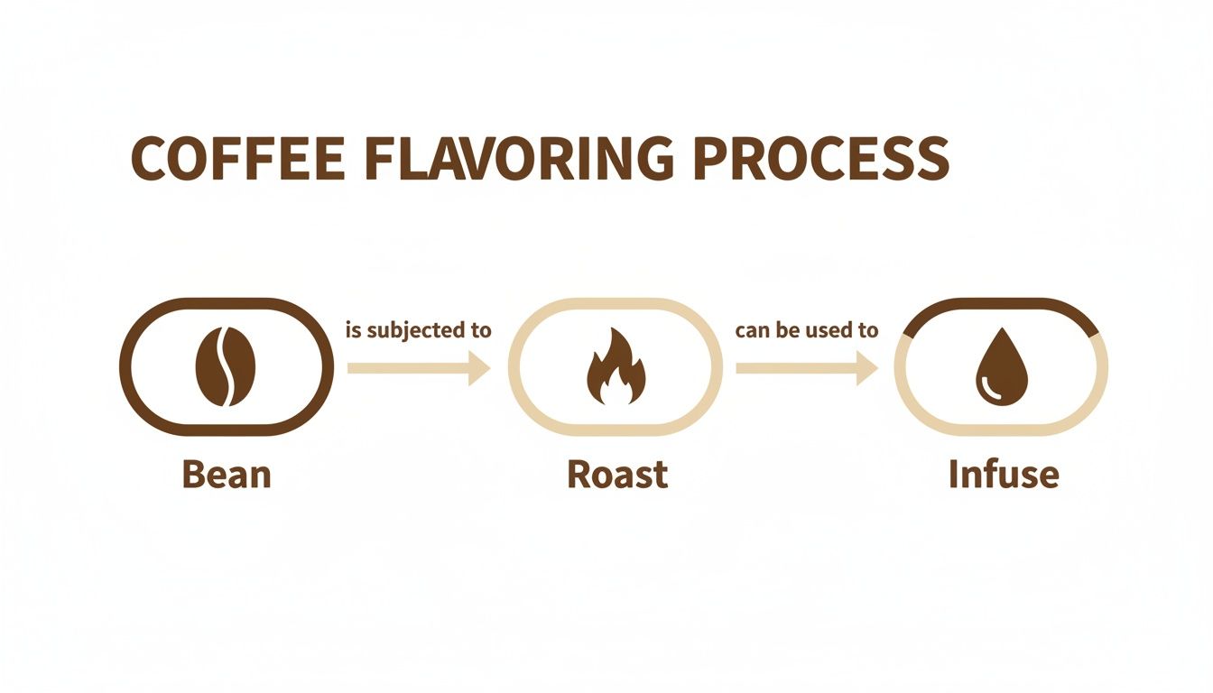 Diagram illustrating the coffee flavoring process from bean to roast to infuse.