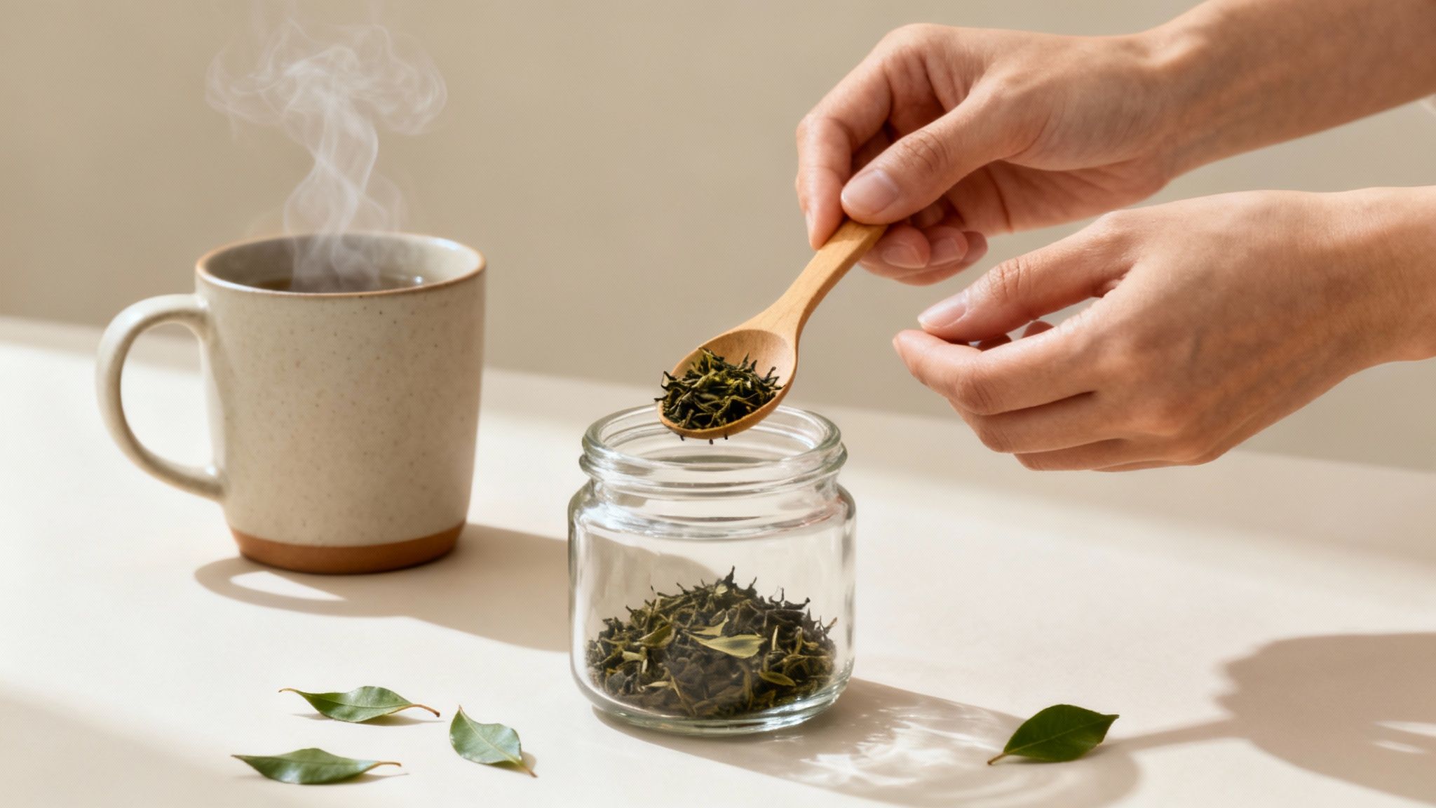 A person scoops loose green tea leaves into a glass jar next to a steaming cup of tea.